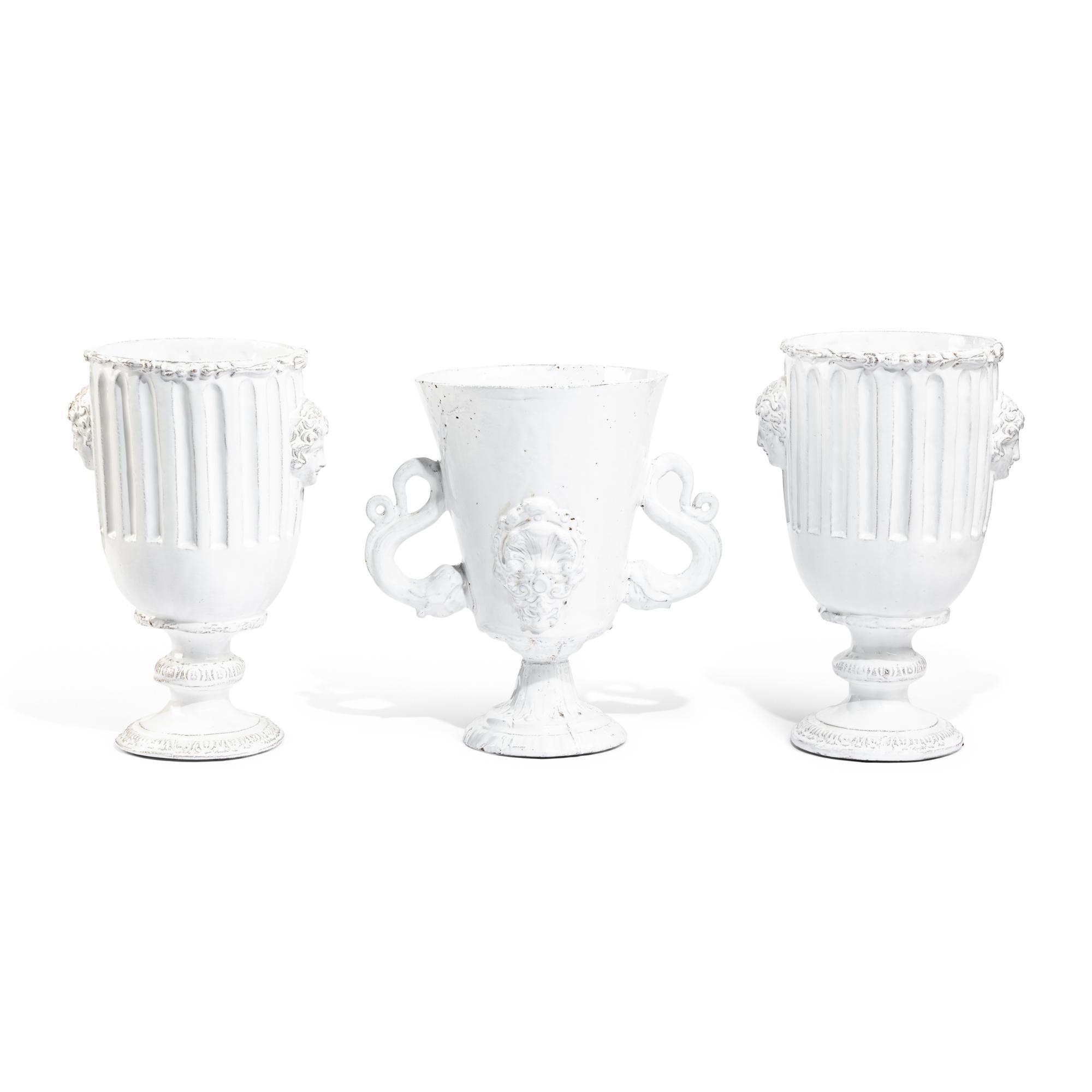 Three White Glazed Earthenware Vases