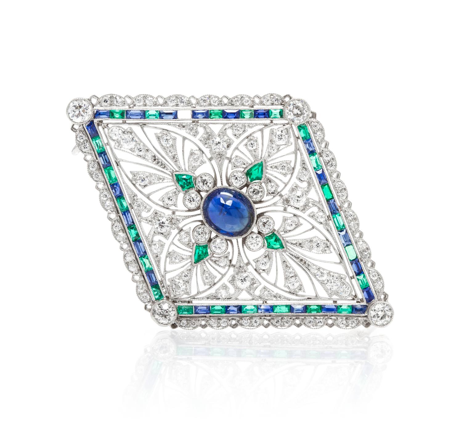 A Fine Platinum, Sapphire, Diamond and Emerald Pendant/Brooch, Tiffany & Co., Circa 1912, 13.70 dwts.