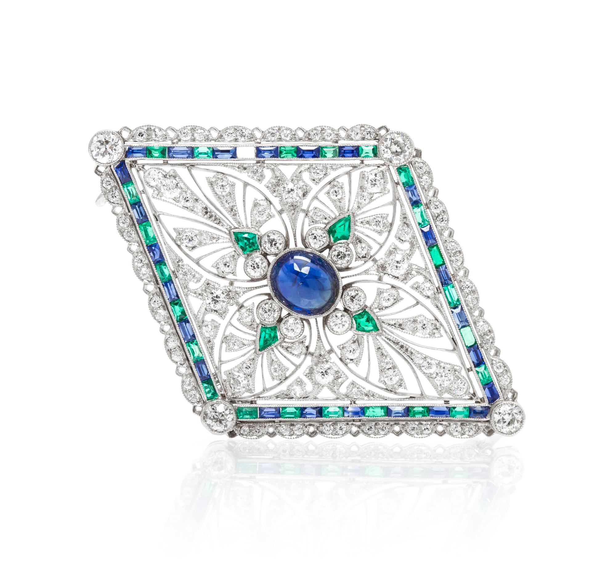 A Fine Platinum, Sapphire, Diamond and Emerald Pendant/Brooch, Tiffany & Co., Circa 1912, 13.70 dwts.