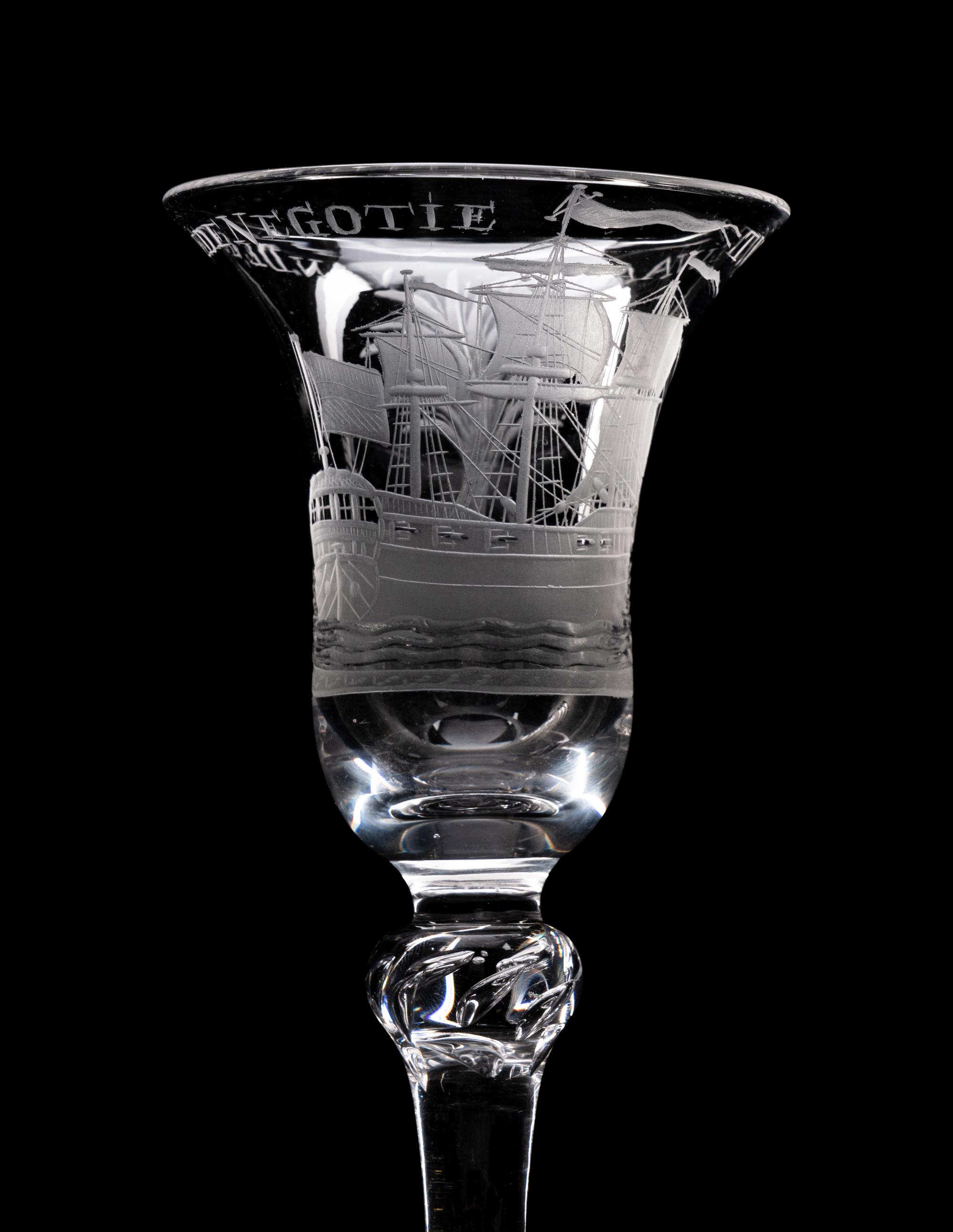 A Dutch Engraved Privateer Wine Glass