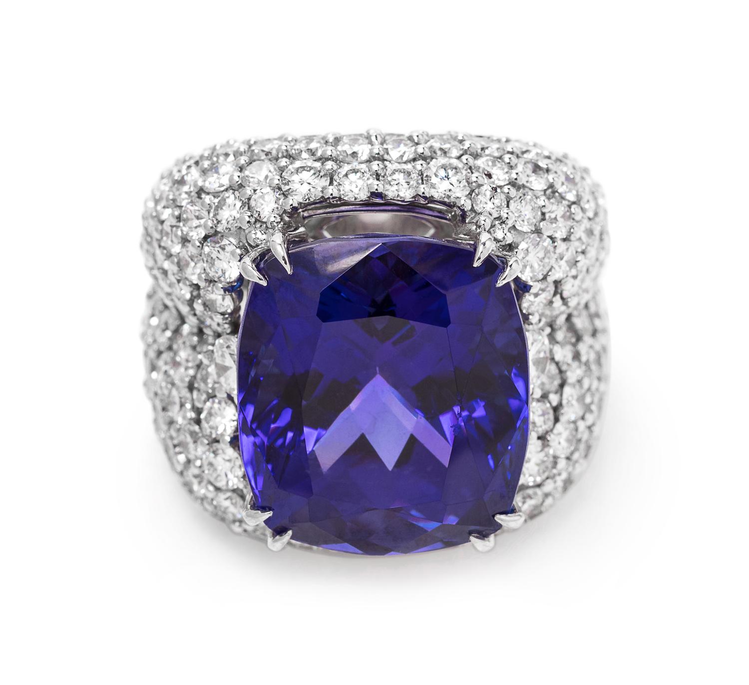 An 18 Karat White Gold, Diamond and Tanzanite Ring,