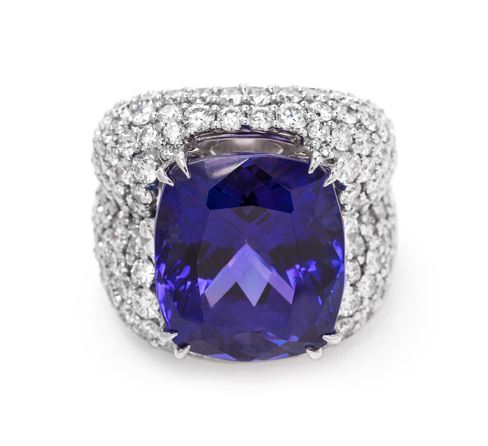 An 18 Karat White Gold, Diamond and Tanzanite Ring,
