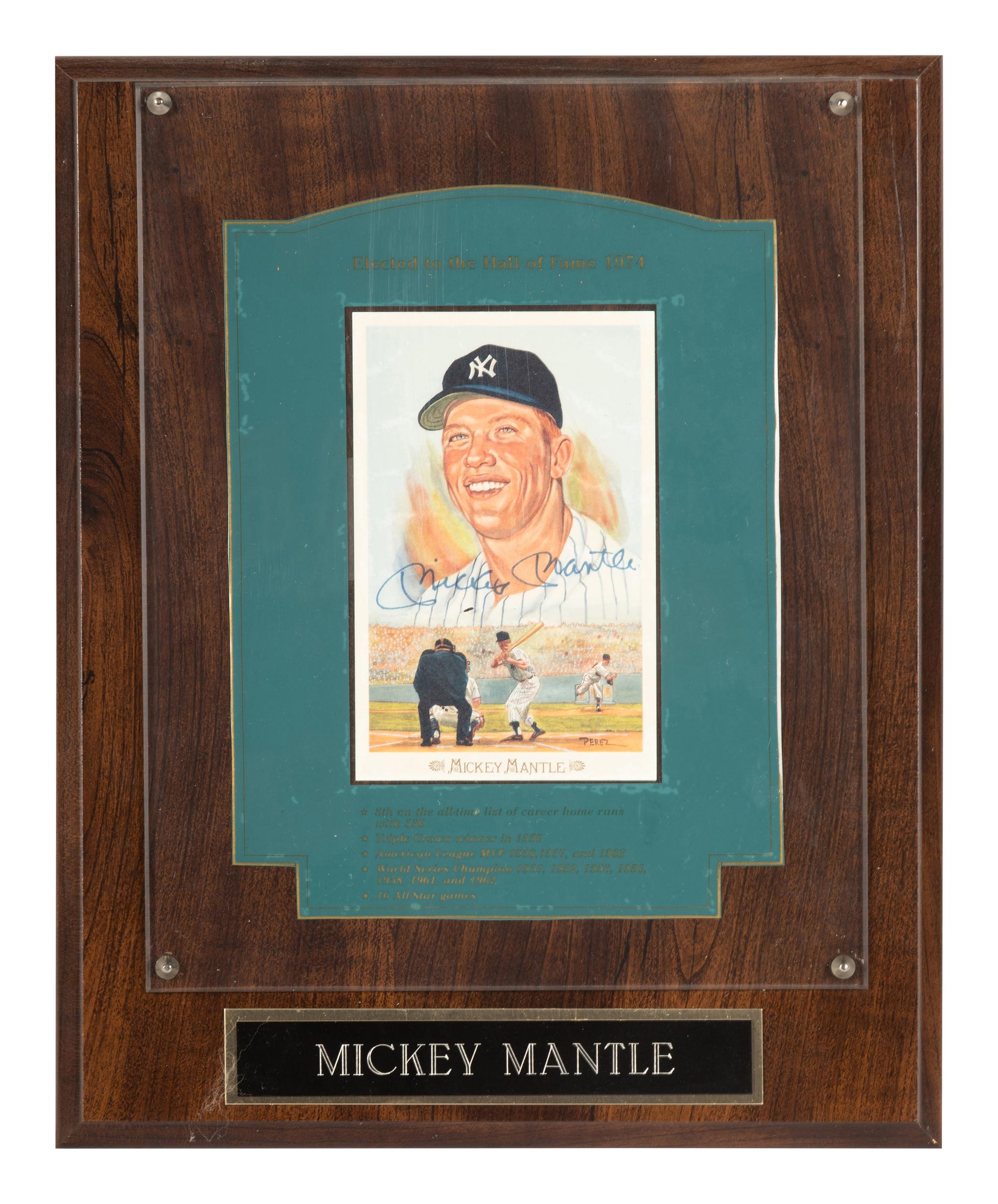 A Mickey Mantle Signed Autograph Perez Steele Hall of Fame Baseball Postcard Plaque (Beckett Authentication Services Letter),