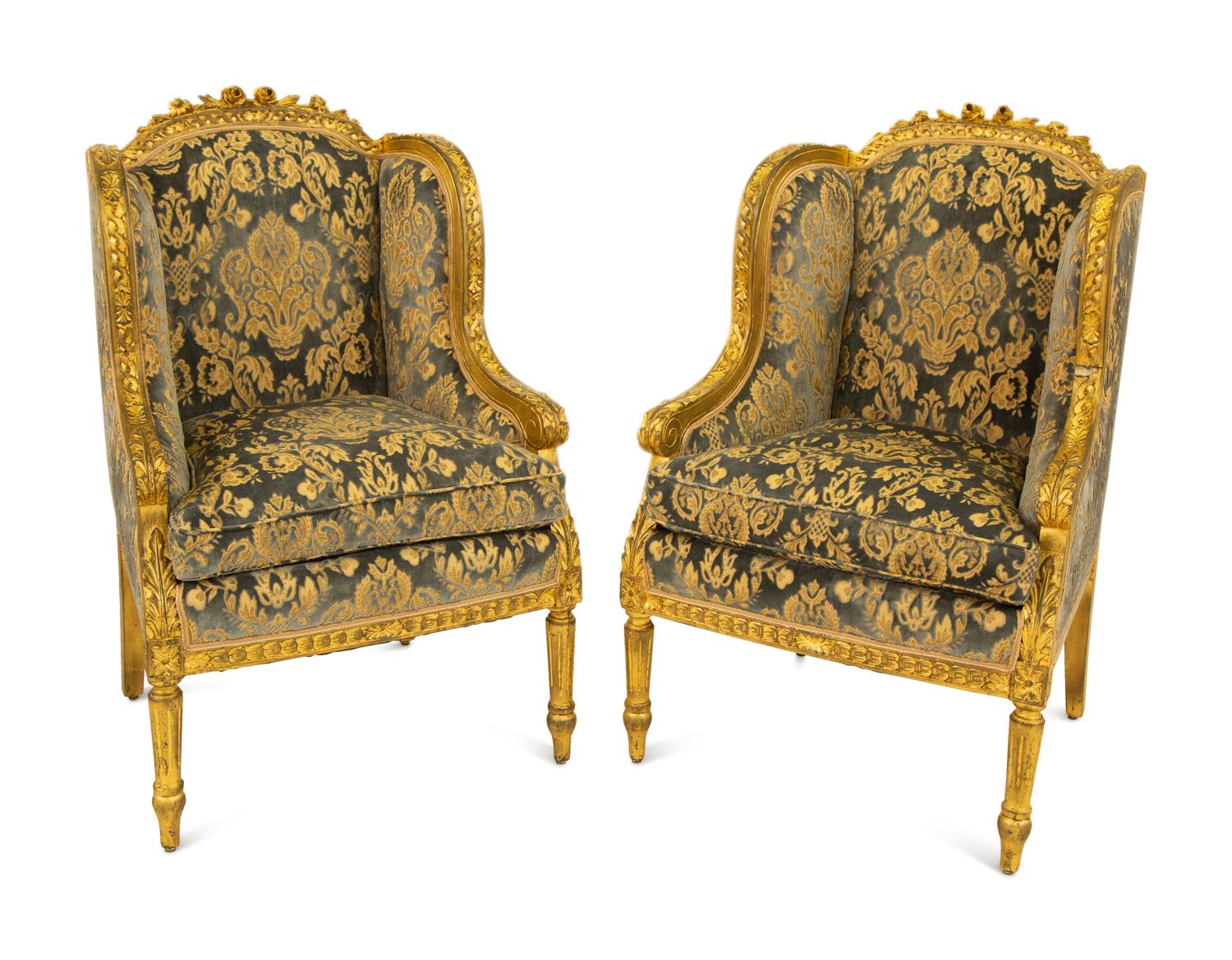 A Pair of Louis XVI Style Giltwood Bergeres a Oreilles