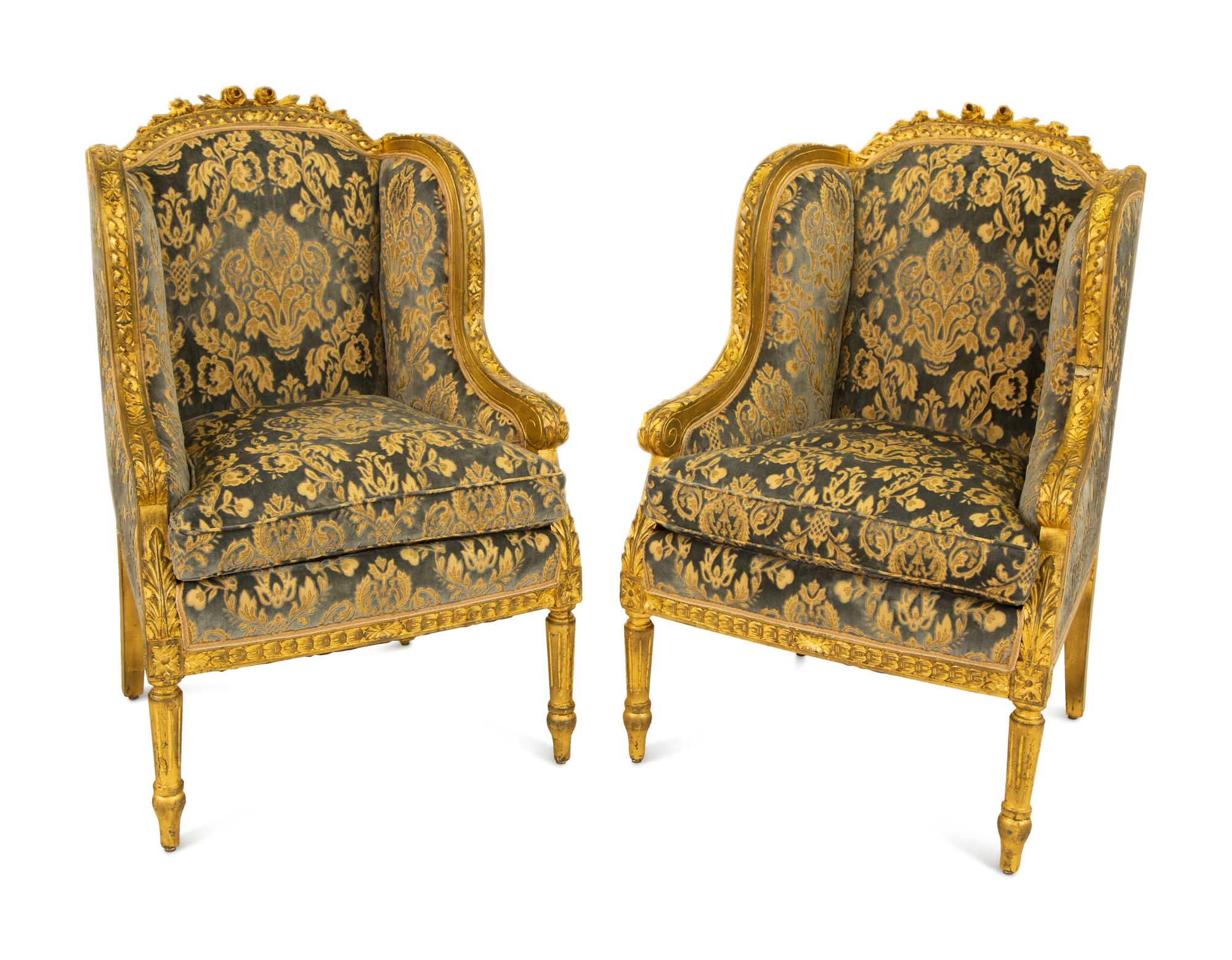 A Pair of Louis XVI Style Giltwood Bergeres a Oreilles