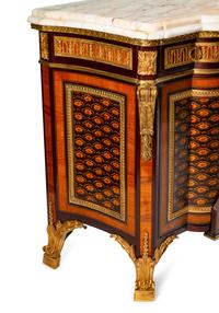 A Louis XVI Style Gilt Bronze Mounted Marquetry Marble-Top Cabinet