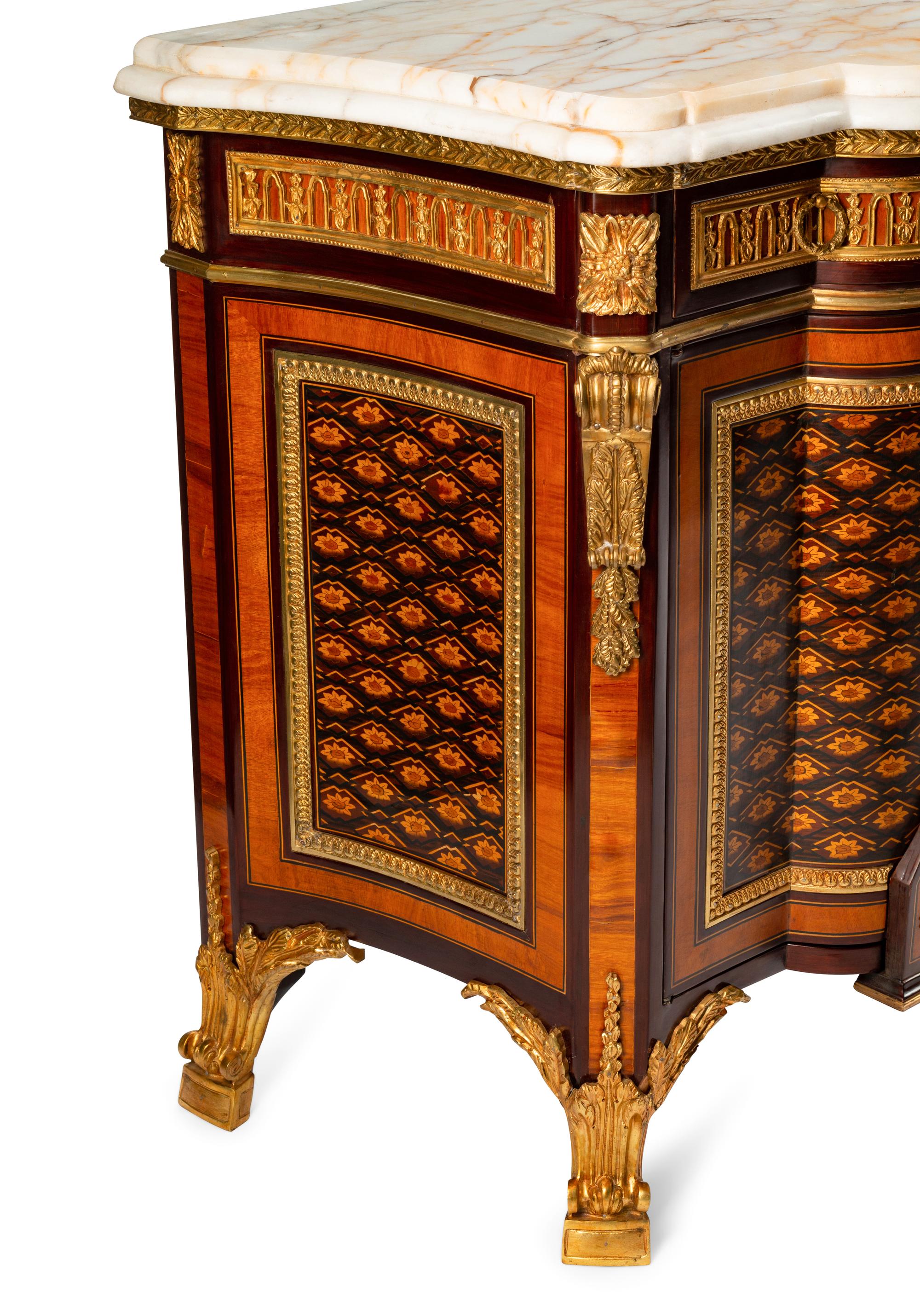 A Louis XVI Style Gilt Bronze Mounted Marquetry Marble-Top Cabinet