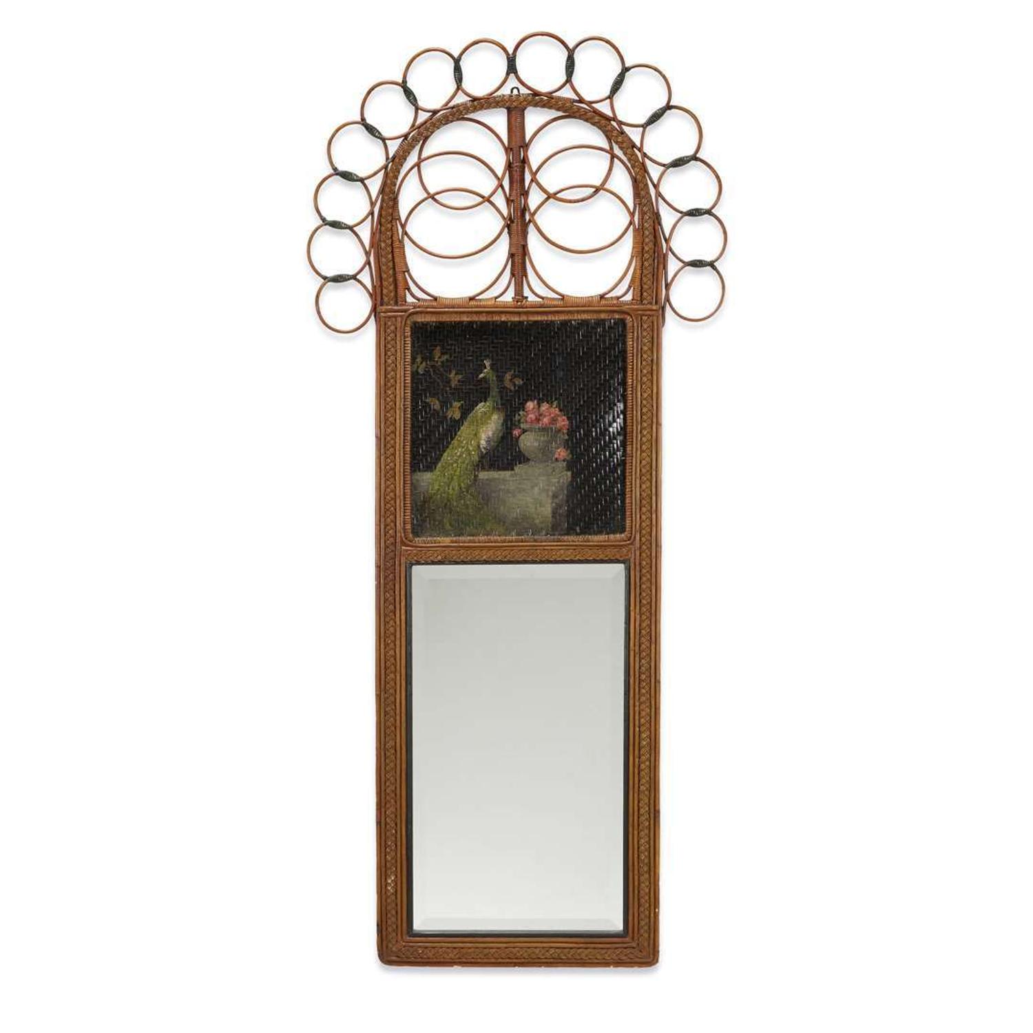 A polychrome painted rattan and wicker mirror with peacocks american, circa 1900