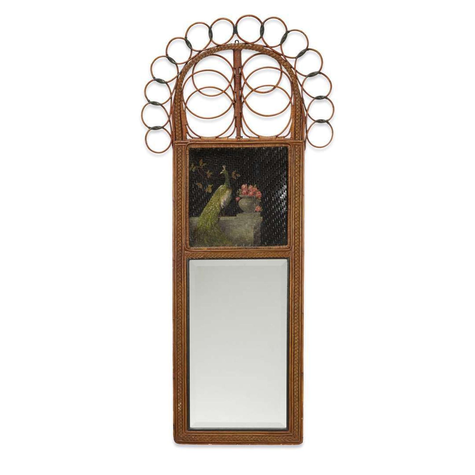 A polychrome painted rattan and wicker mirror with peacocks american, circa 1900