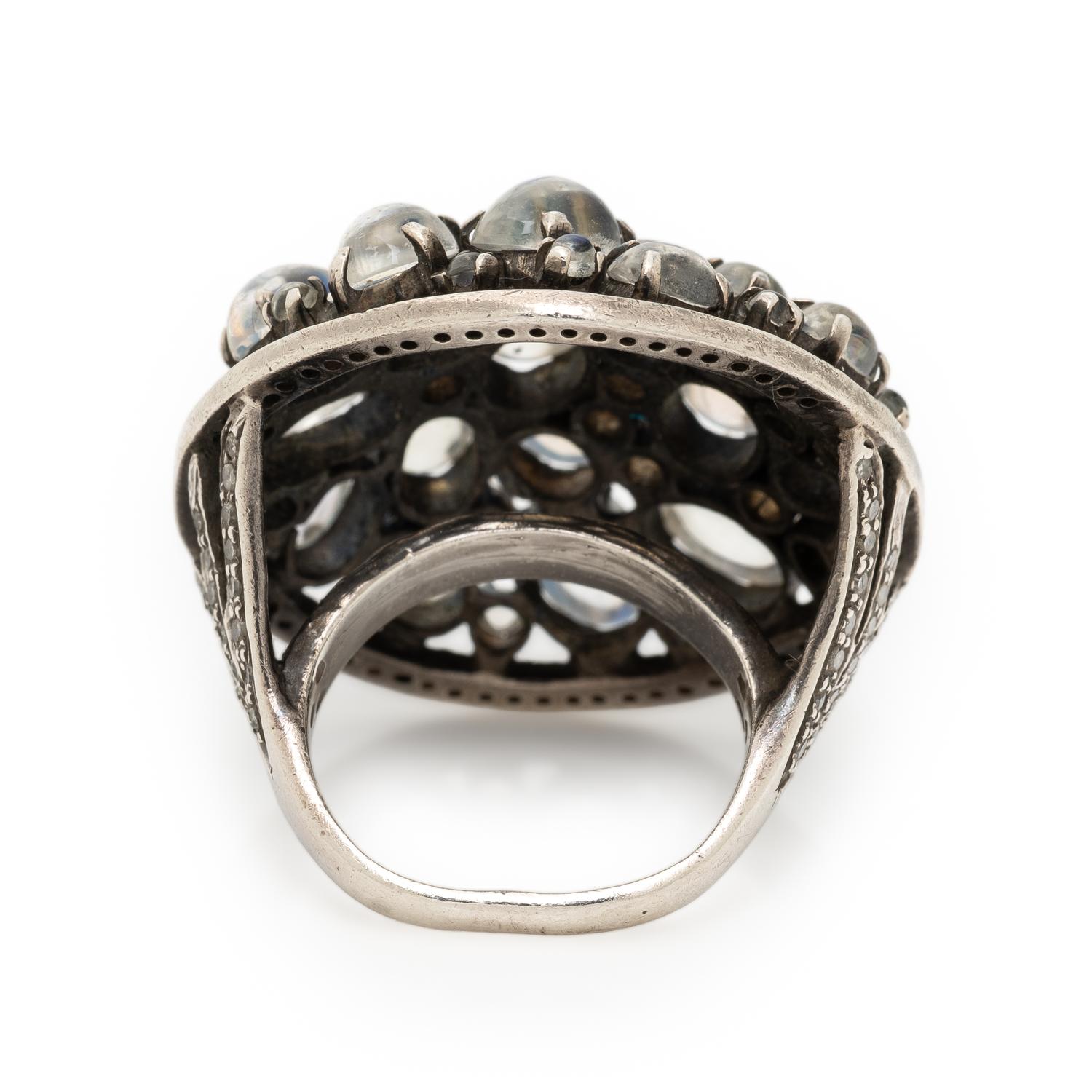 Silver, Moonstone, and Diamond Ring