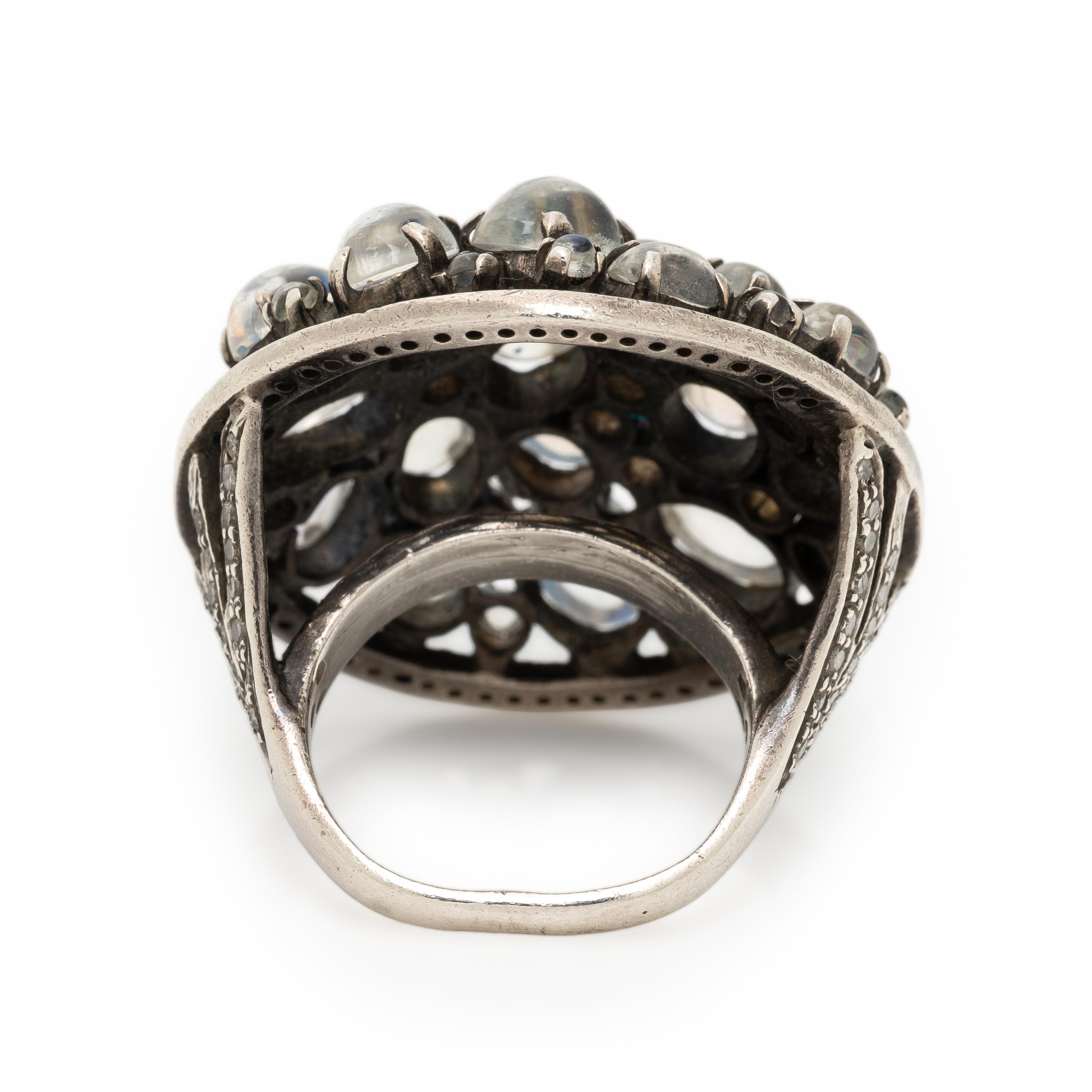 Silver, Moonstone, and Diamond Ring