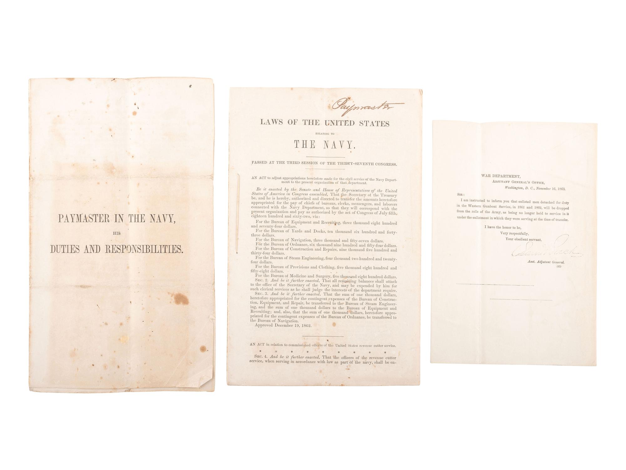 [CIVIL WAR]. A large group of printed government documents and assorted manuscript material related to the US Army and Navy, including: