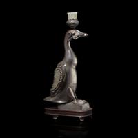 A Chinese Jade and Hardstone Inset Silver 'Duck' Candle Holder, Late 19th-Early 20th Century — 晚清-民國 銀鑲玉嵌寳鴨形燭臺