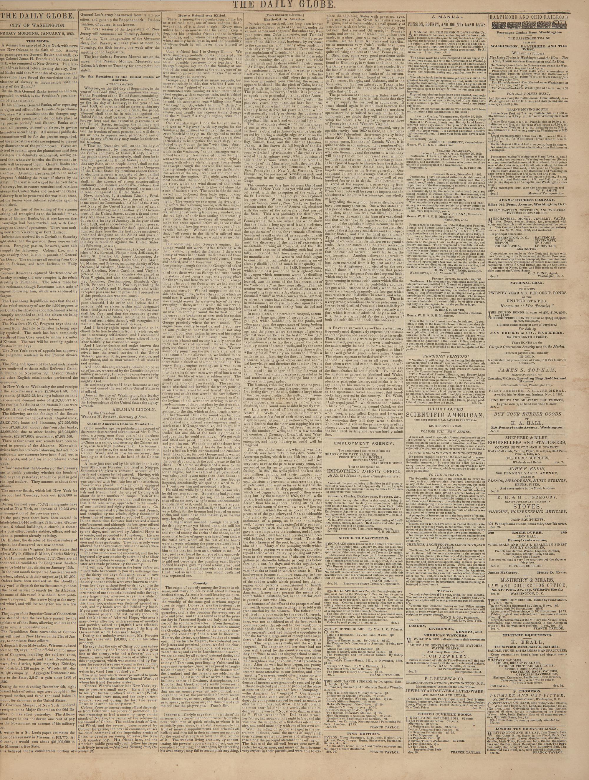 [Emancipation Proclamation] One of the Earliest Printings of the Final Emancipation Proclamation, in the "Official Paper" of the U.S. Congress