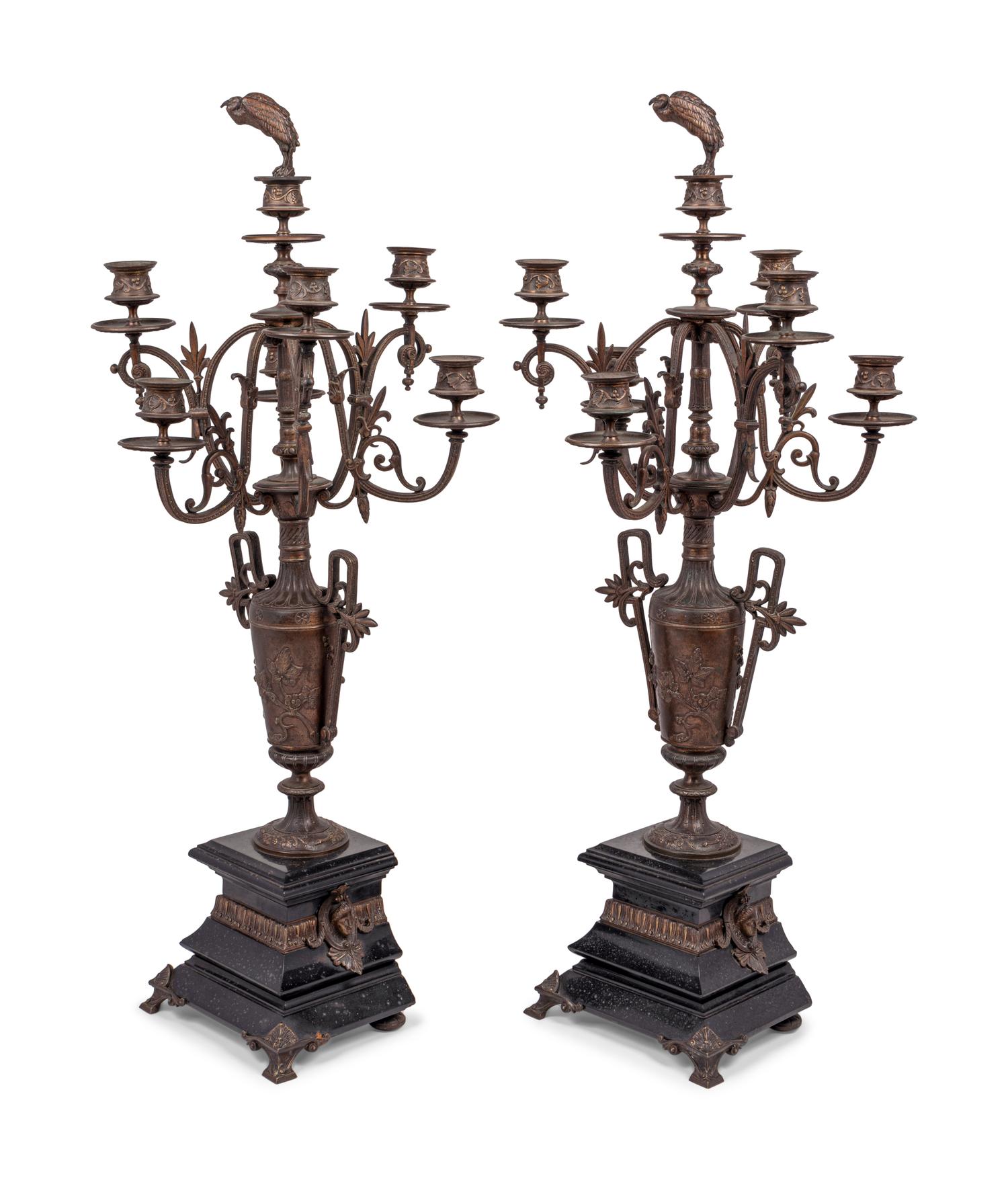 A Pair of French Bronze and Slate Six-Light Candelabra