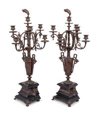 A Pair of French Bronze and Slate Six-Light Candelabra