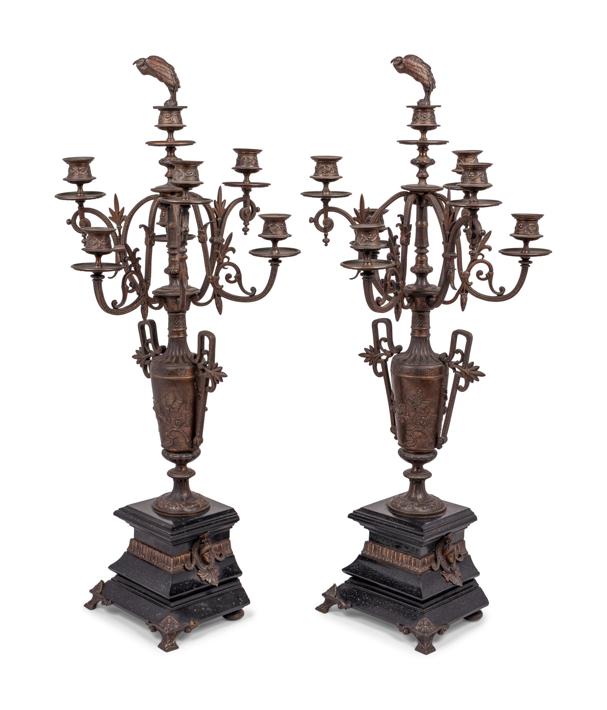 A Pair of French Bronze and Slate Six-Light Candelabra