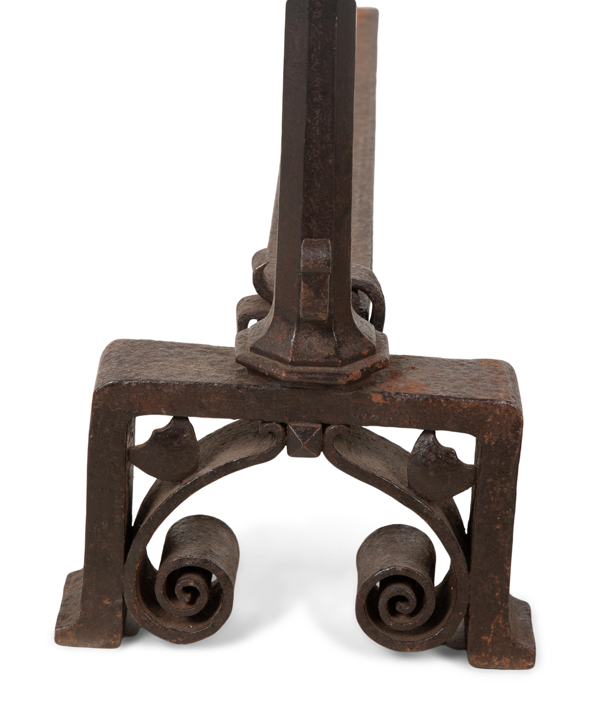 A Pair of Bronze Andirons with Ram Head Finials — 20TH CENTURY