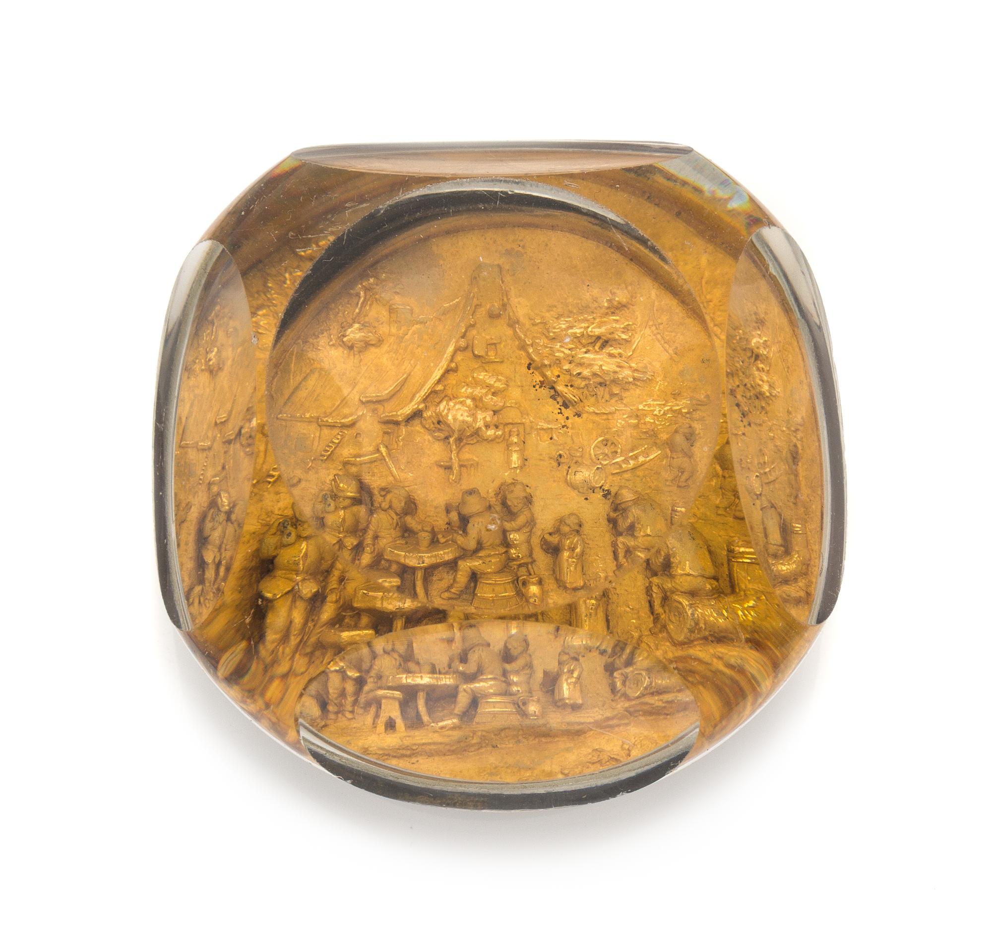 An Antique Pinchbeck Faceted Golden Pastoral Scene Paperweight Diameter 3 1/4 inches