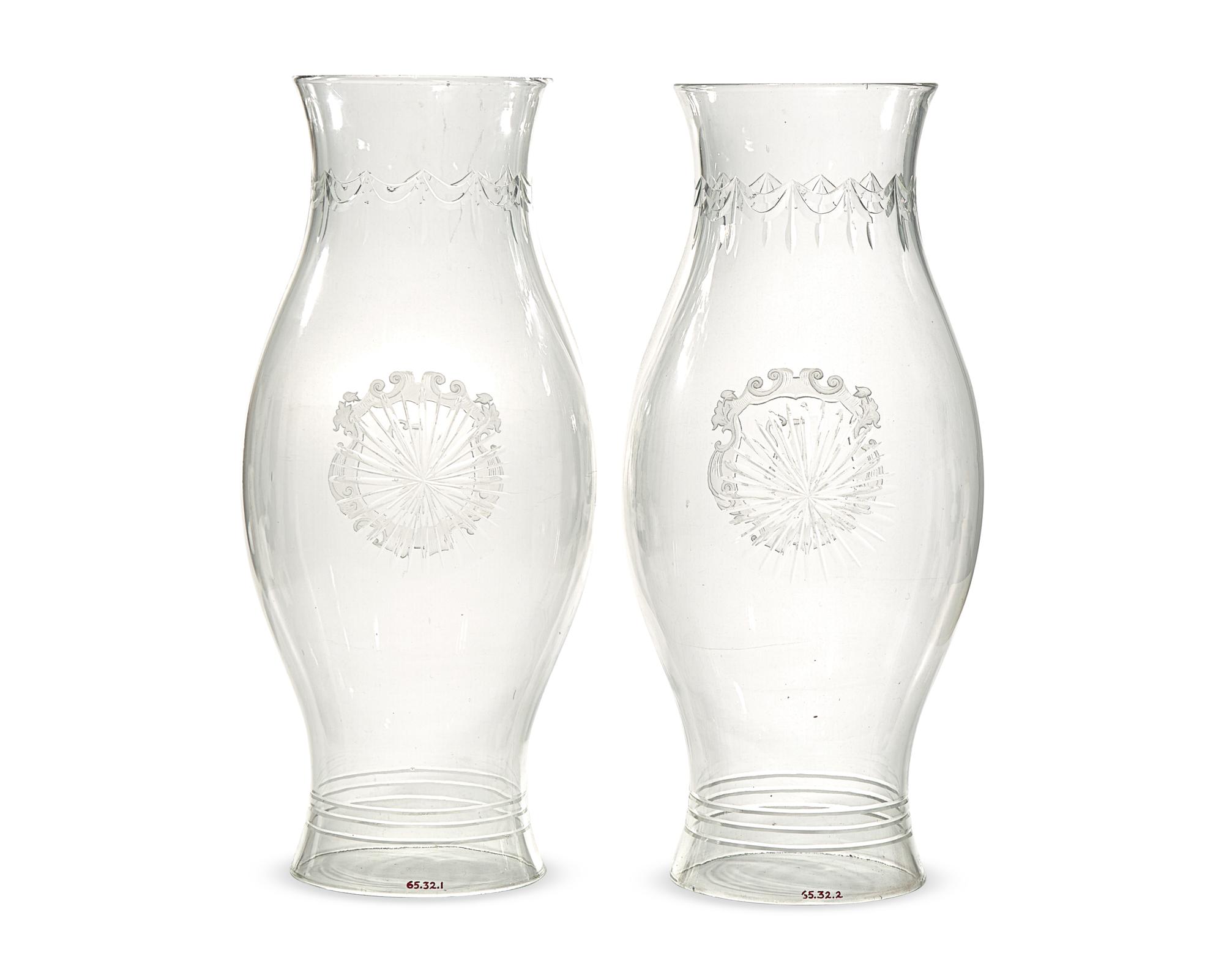 A Pair Of Large Neoclassical Blown And Engraved Colorless Glass Hurricane Globes