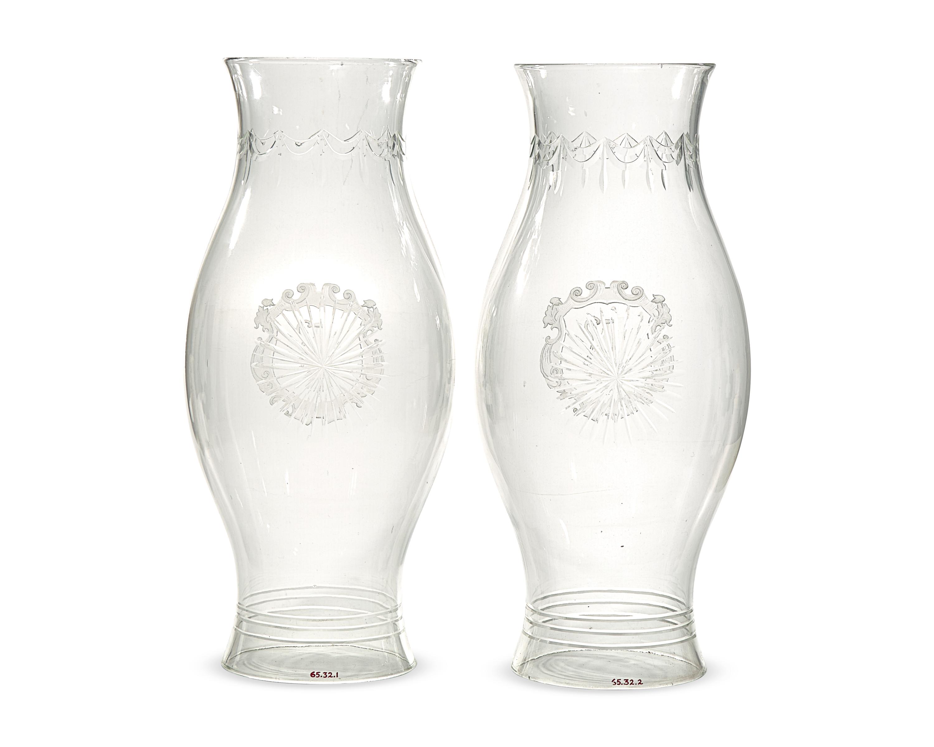A Pair Of Large Neoclassical Blown And Engraved Colorless Glass Hurricane Globes