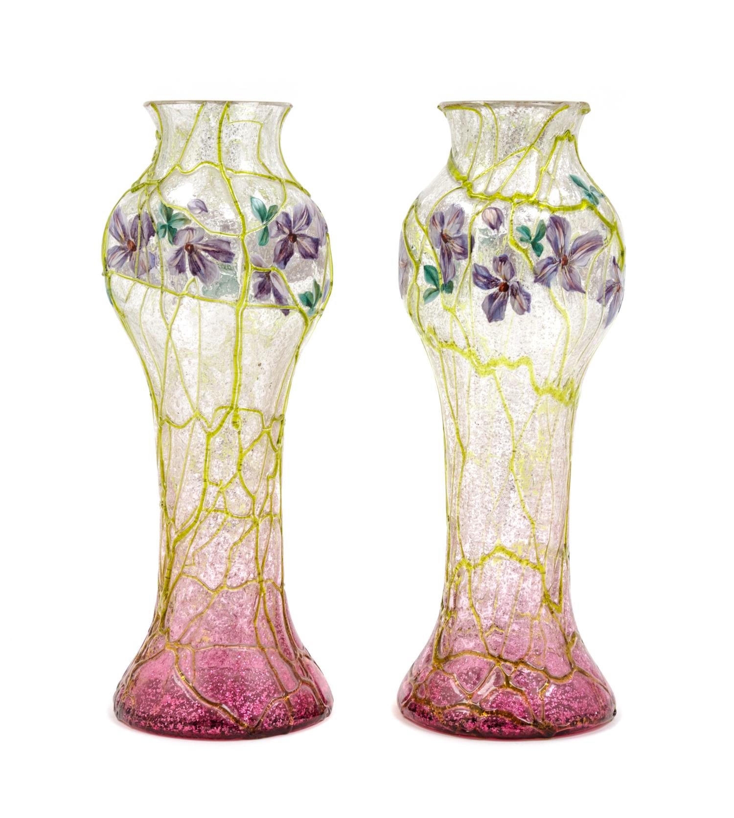 Two Austrian Iridescent Glass Vases Height 10 3/4 inches.