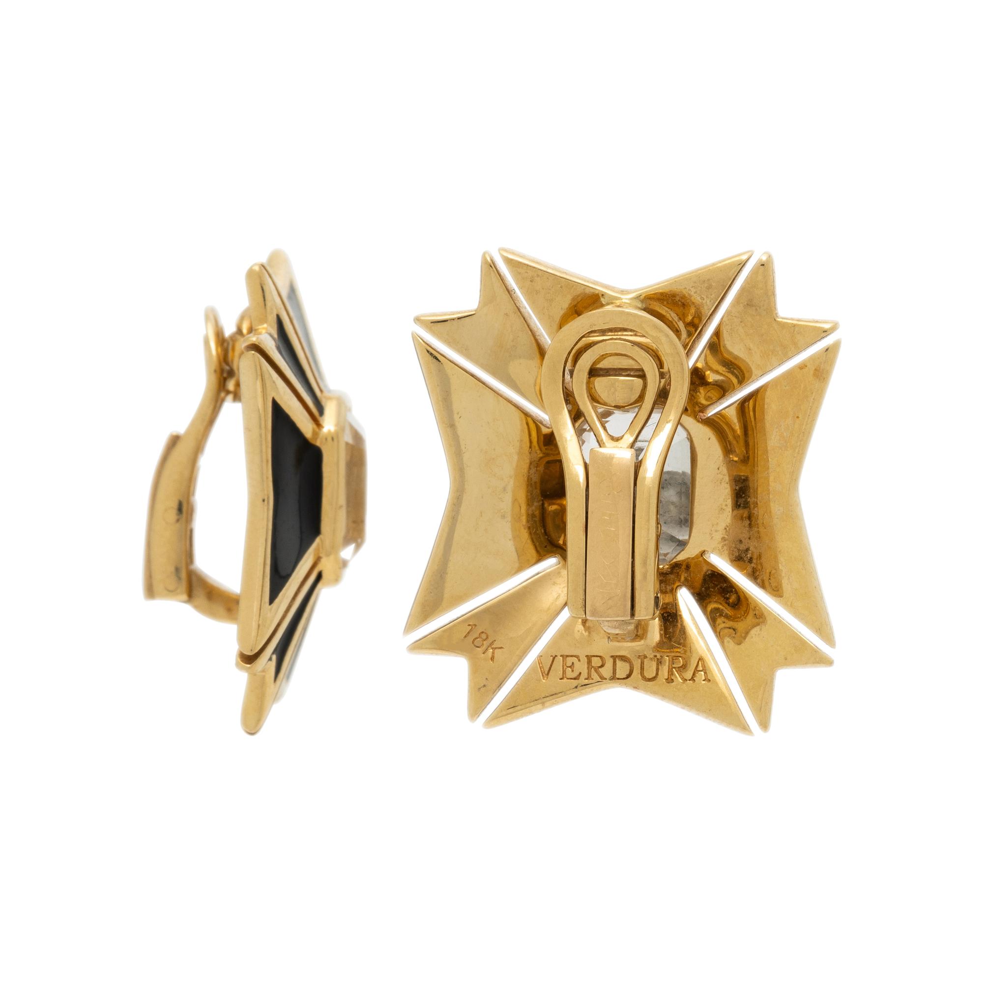 VERDURA, YELLOW GOLD, BLACK ENAMEL, AND WHITE TOPAZ MALTESE CROSS EARRINGS