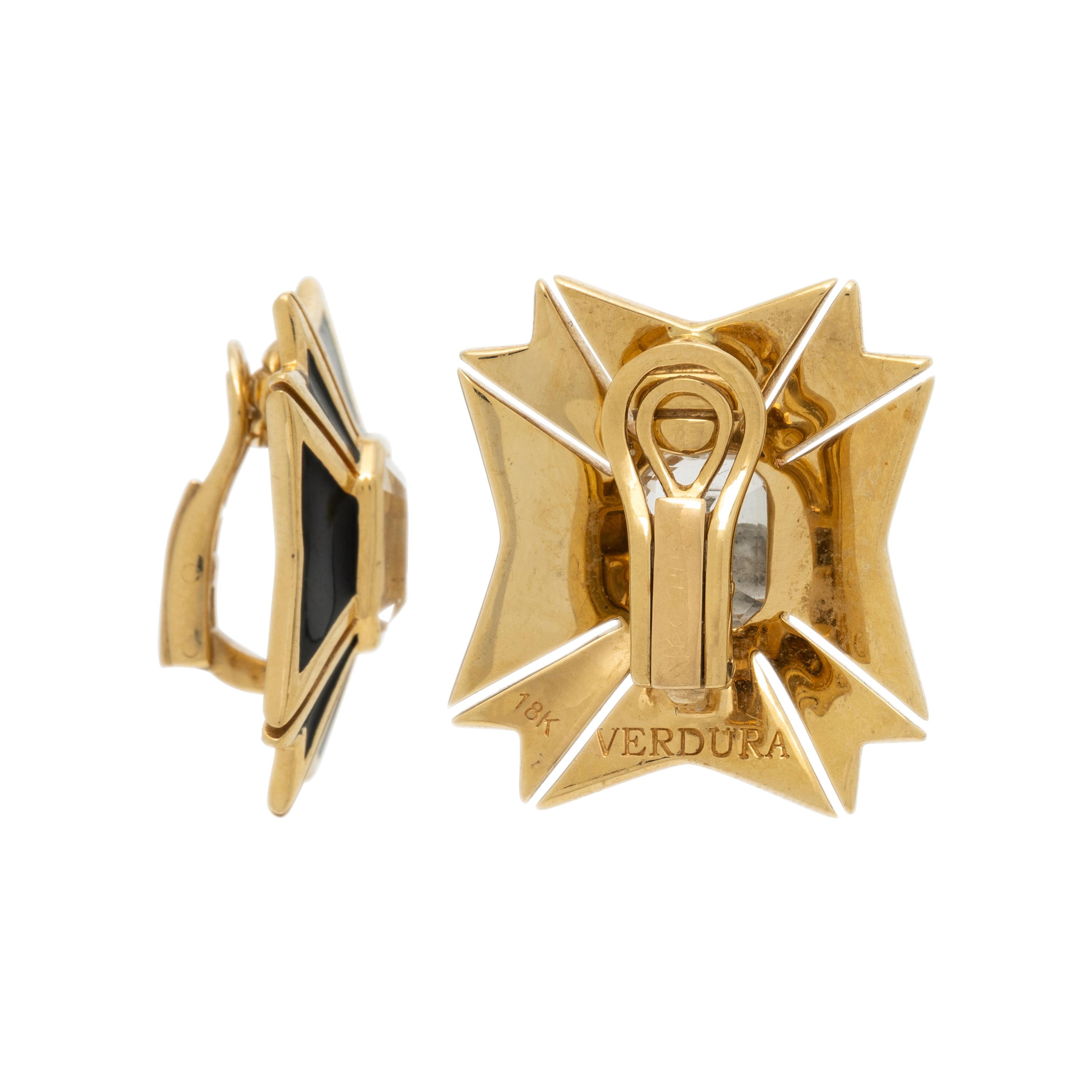 VERDURA, YELLOW GOLD, BLACK ENAMEL, AND WHITE TOPAZ MALTESE CROSS EARRINGS