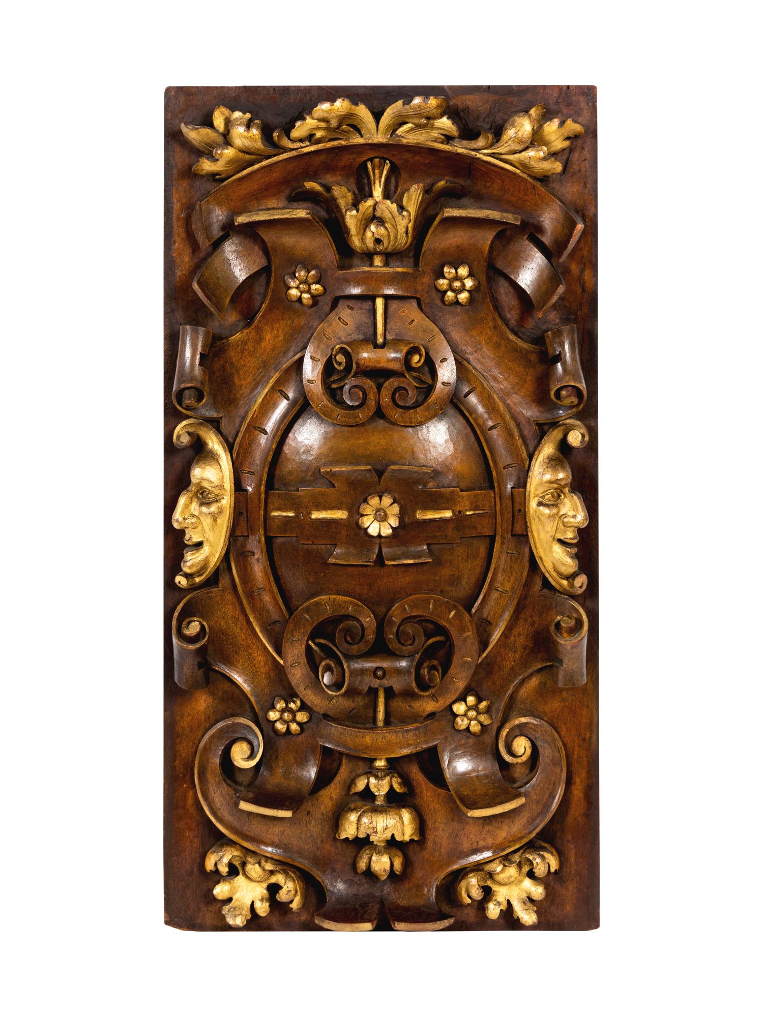 Six Italian Carved Walnut and Parcel Gilt Panels