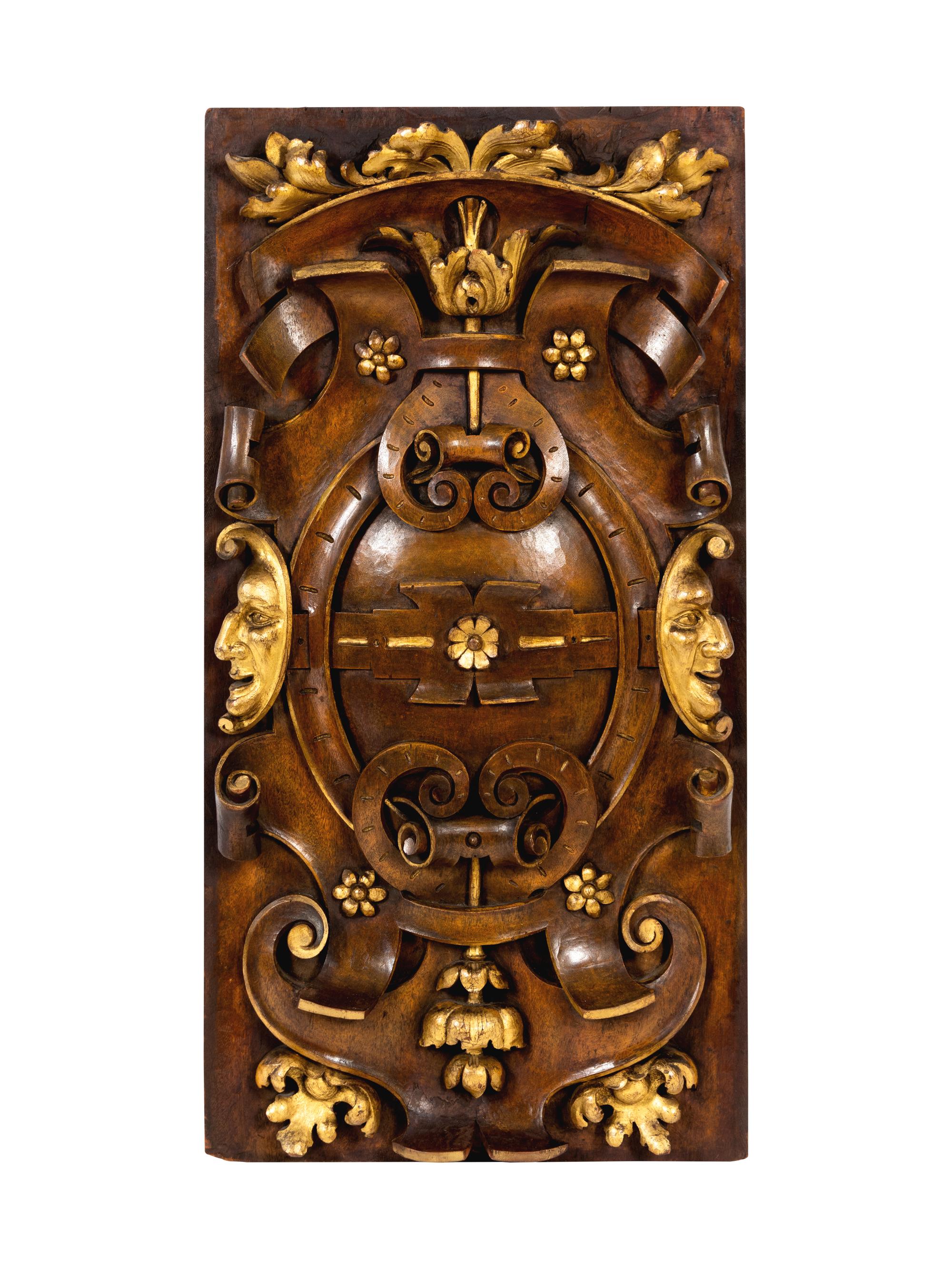 Six Italian Carved Walnut and Parcel Gilt Panels