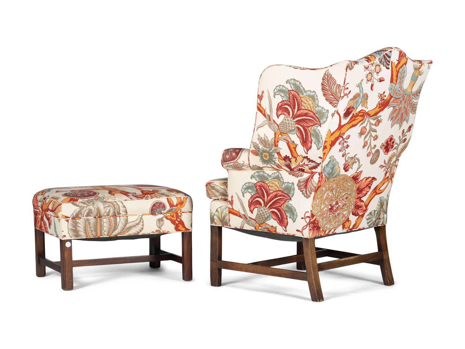 An English Mahogany Wingback Chair and Ottoman