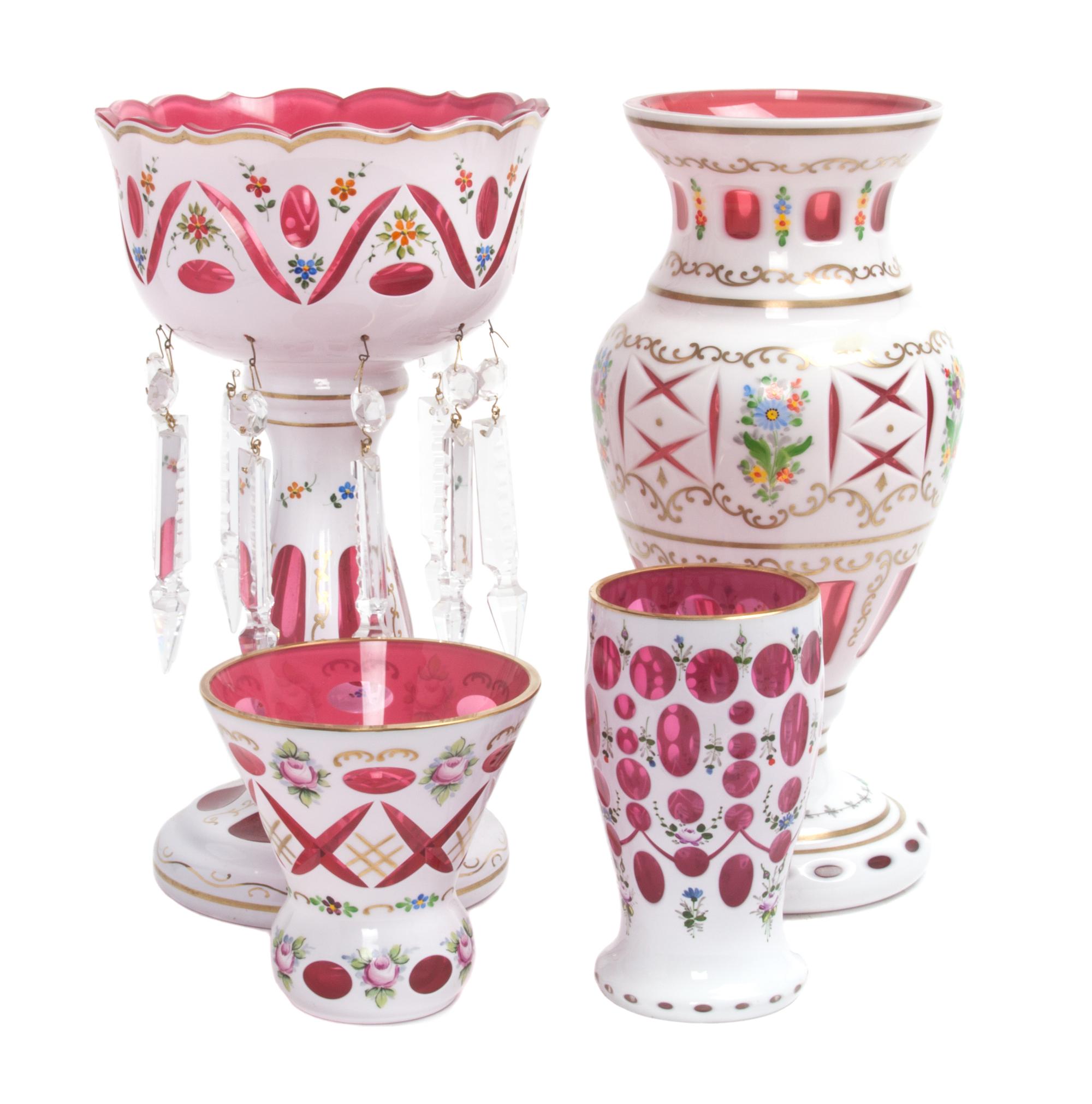 A Collection of Bohemian Cased Glass Articles Height of first 12 1/4 inches.