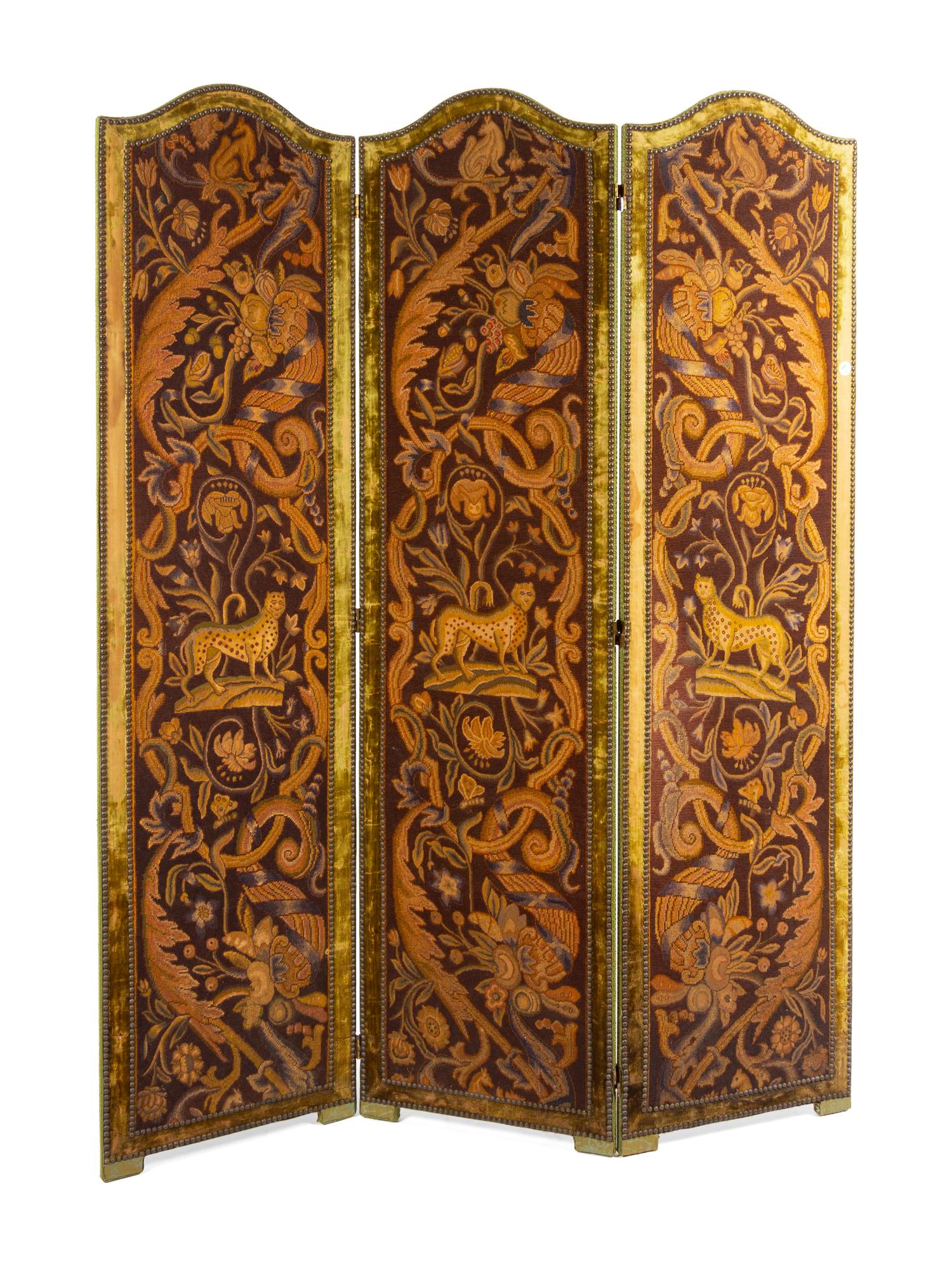 A Victorian Needlepoint Three-Panel Floor Screen