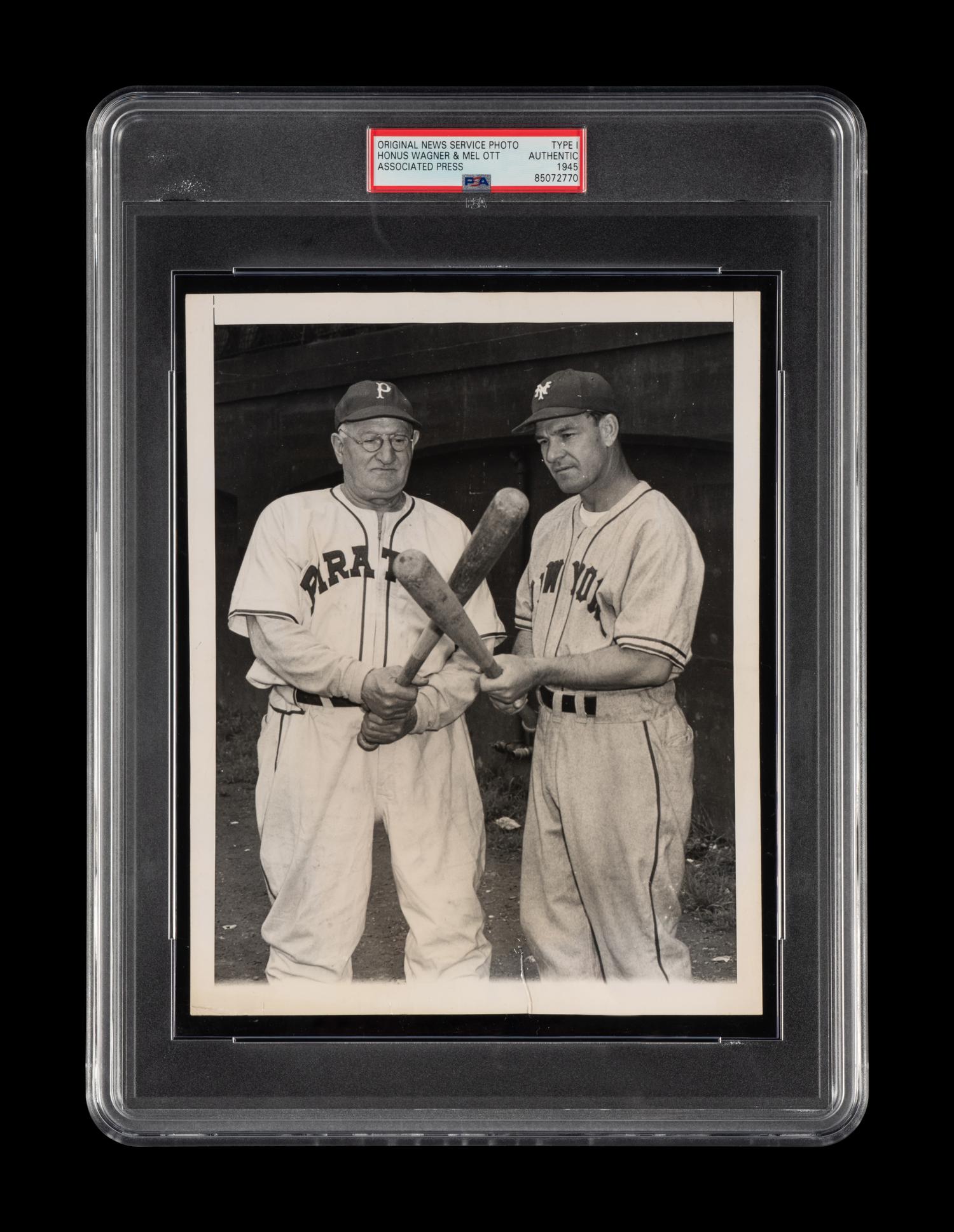 An Original 1945 Honus Wagner and Mel Ott Type One News Photograph (PSA Encapsulated)