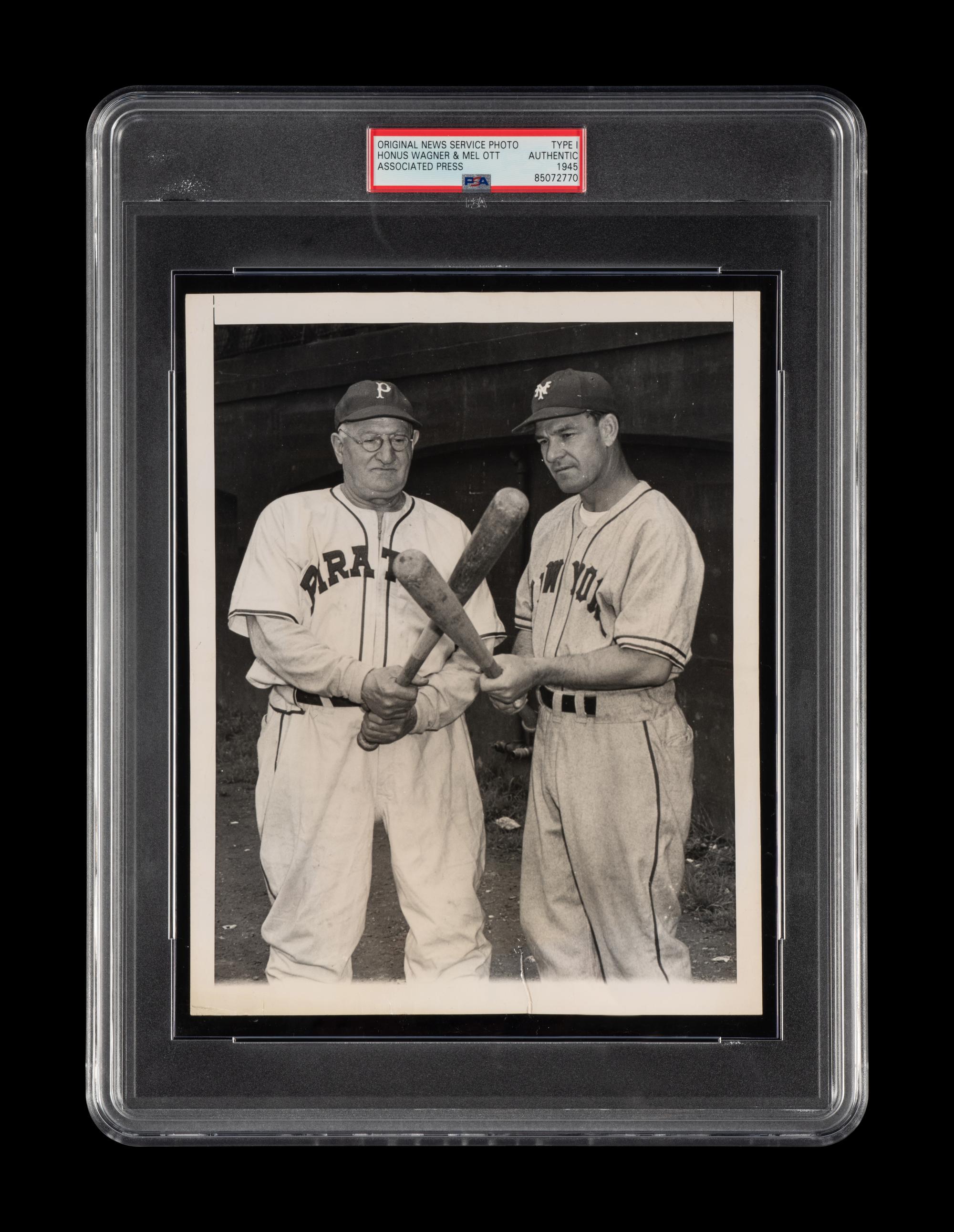 An Original 1945 Honus Wagner and Mel Ott Type One News Photograph (PSA Encapsulated)