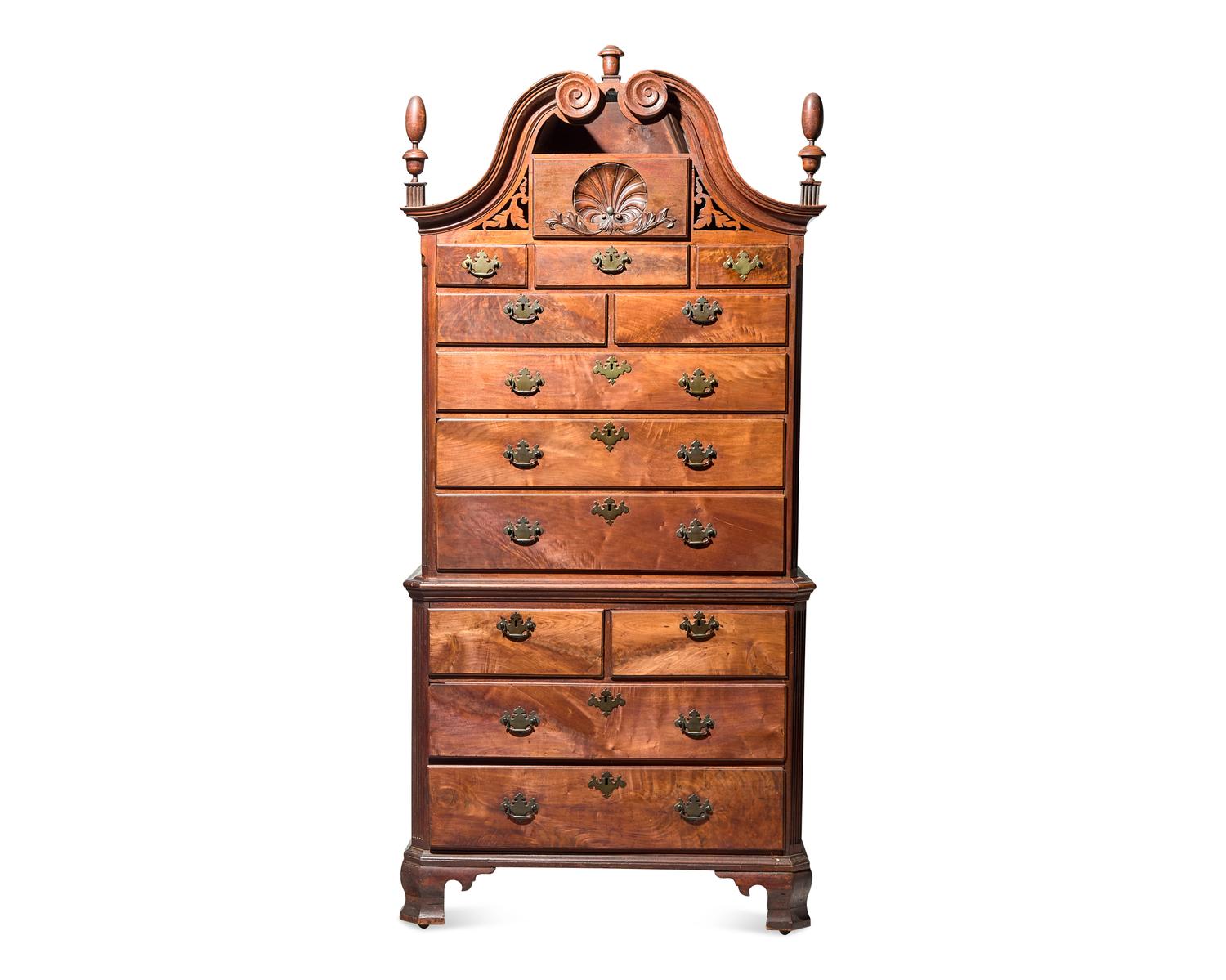 A Rare Chippendale Carved Walnut Chest-on-Chest, Carving Attributed to the Wilkinson-Harding Group, Philadelphia, PA, Circa 1745