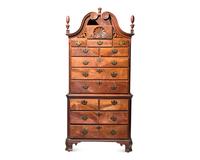 A Rare Chippendale Carved Walnut Chest-on-Chest, Carving Attributed to the Wilkinson-Harding Group, Philadelphia, PA, Circa 1745