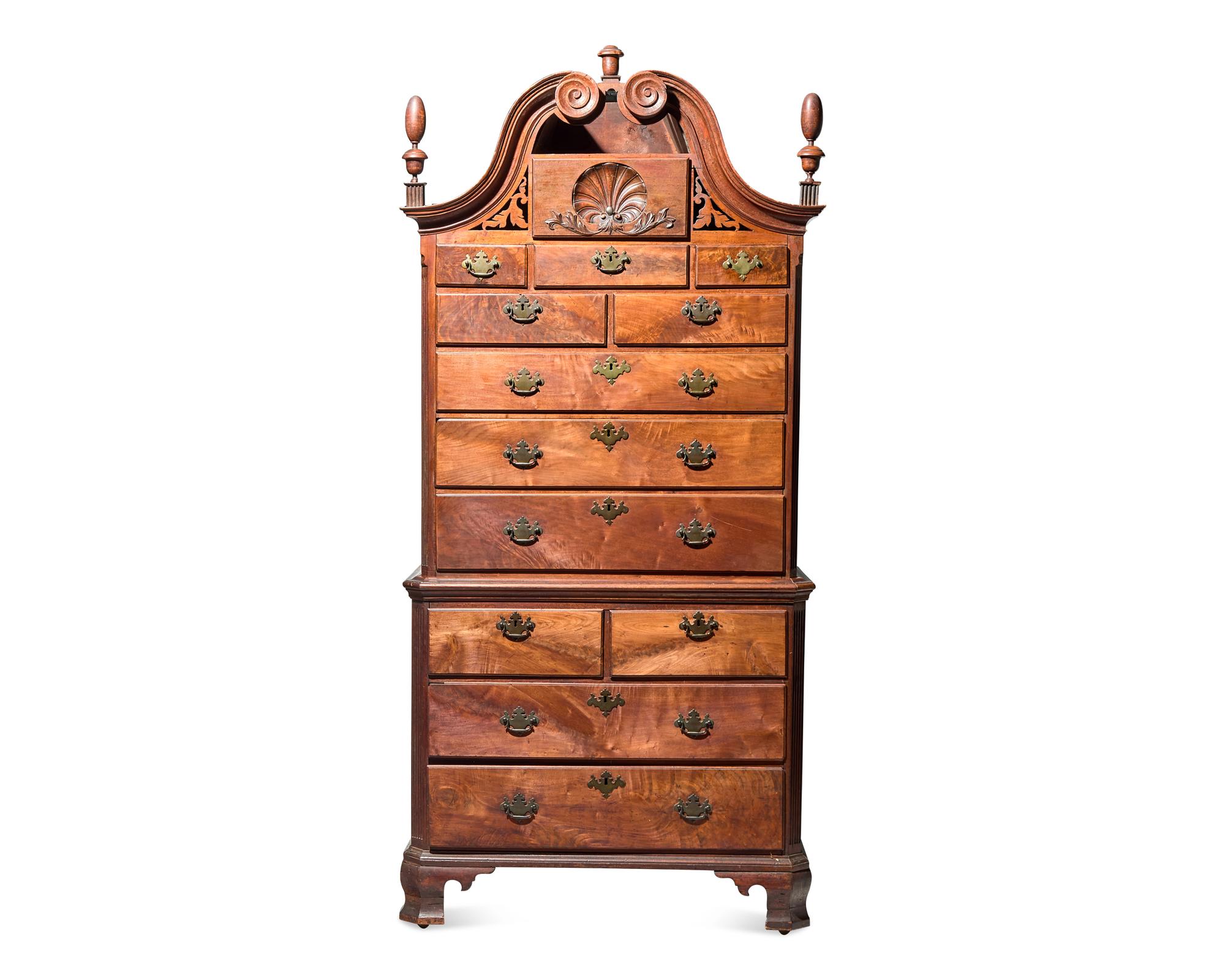 A Rare Chippendale Carved Walnut Chest-on-Chest, Carving Attributed to the Wilkinson-Harding Group, Philadelphia, PA, Circa 1745
