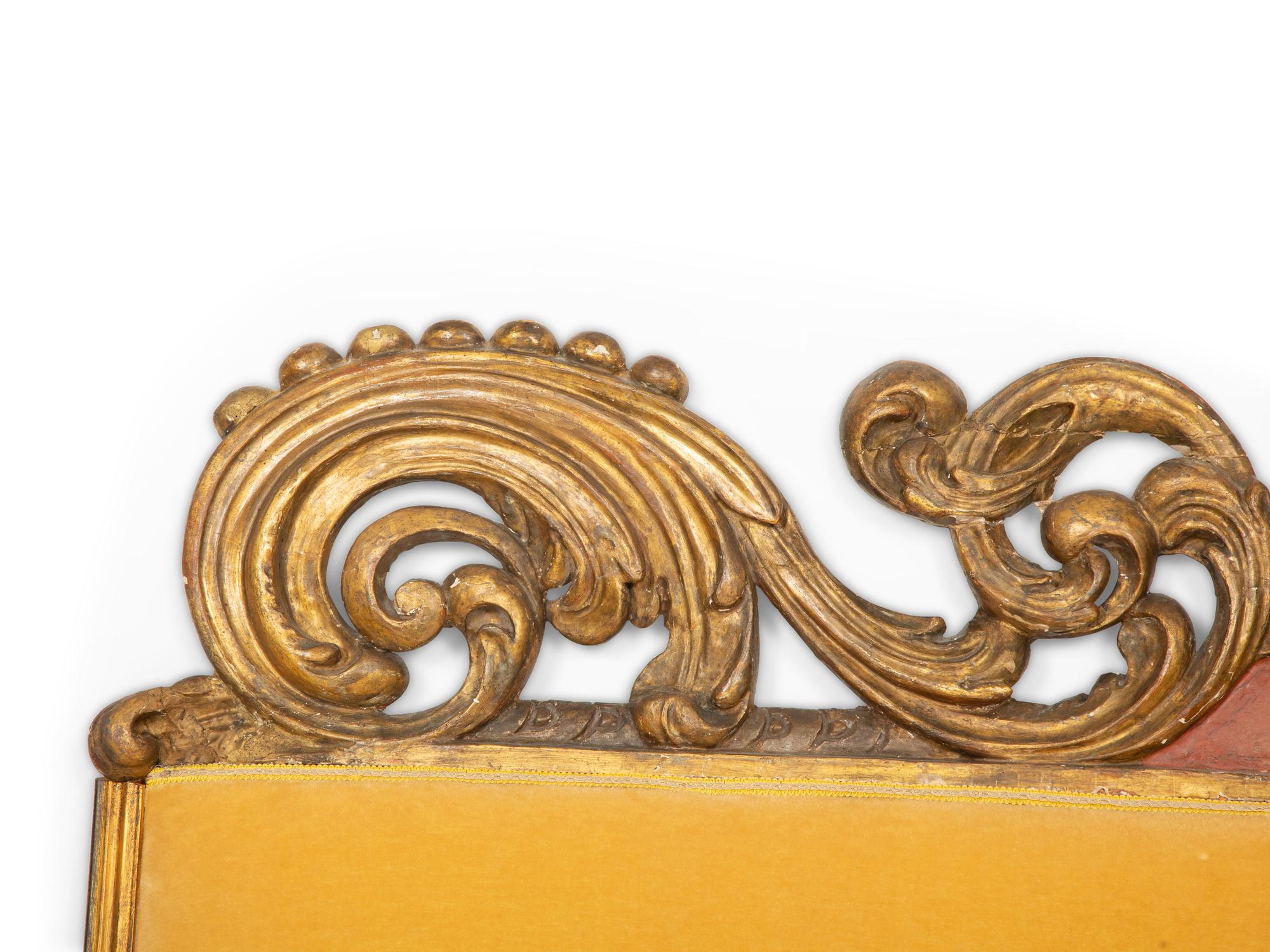 An Italian Painted and Parcel Gilt Upholstered Headboard with Upholstered Lower Panel