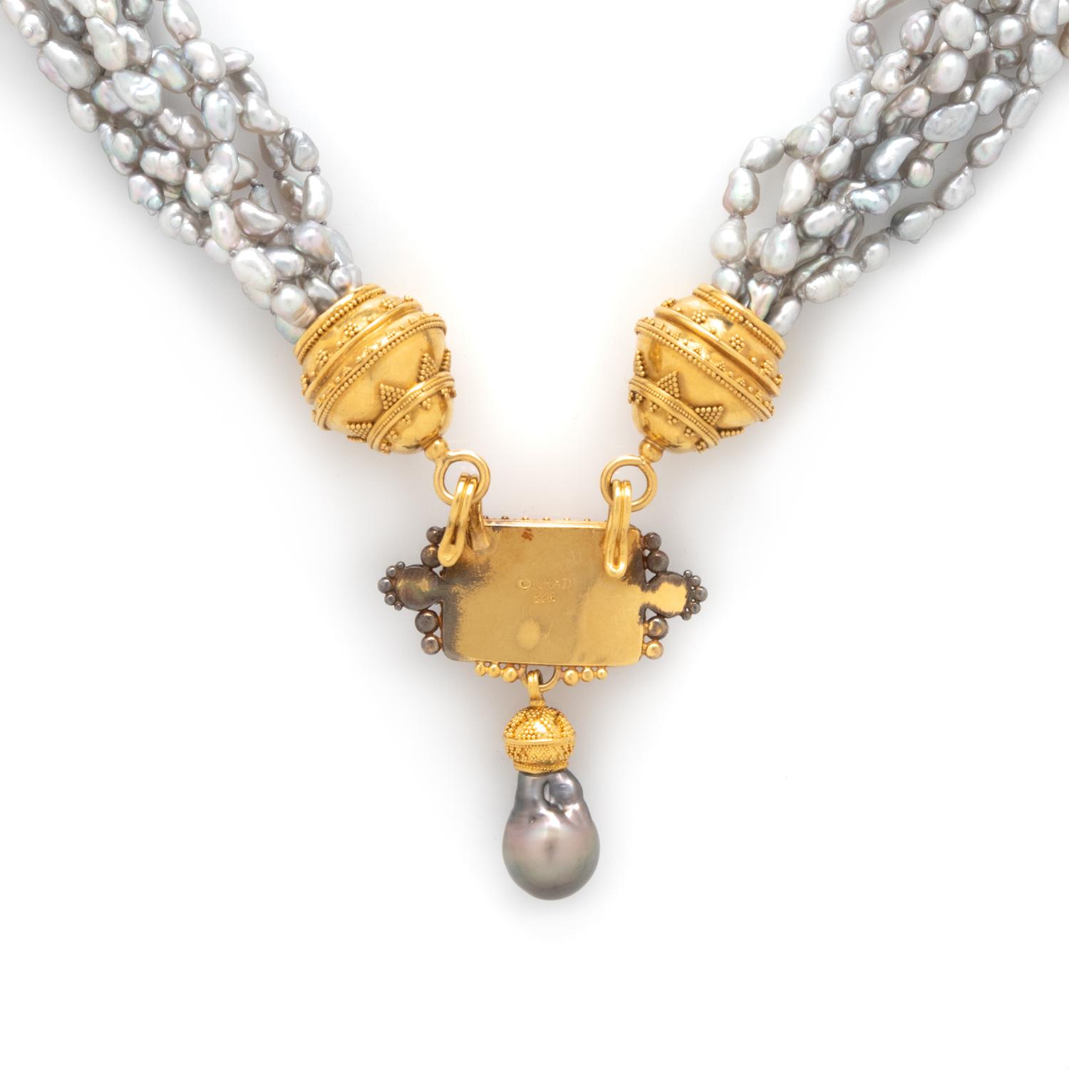 LUNA FELIX GOLDSMITH, YELLOW GOLD, GRAY CULTURED PEARL, AND AQUAMARINE NECKLACE