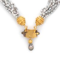 LUNA FELIX GOLDSMITH, YELLOW GOLD, GRAY CULTURED PEARL, AND AQUAMARINE NECKLACE