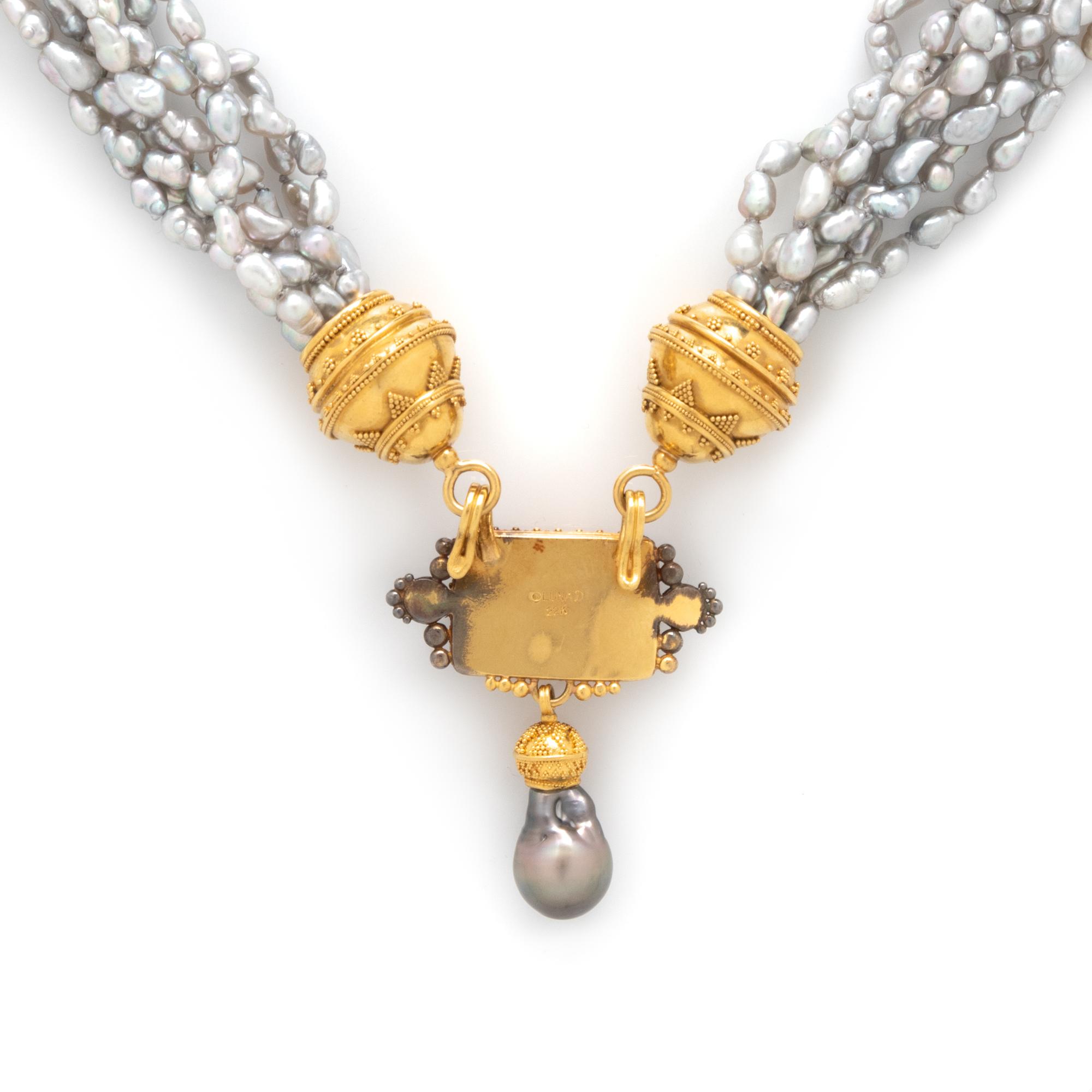 LUNA FELIX GOLDSMITH, YELLOW GOLD, GRAY CULTURED PEARL, AND AQUAMARINE NECKLACE