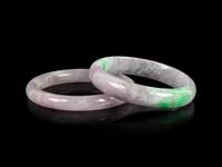 Two Chinese Lavender and Apple Green Jadeite Bangles