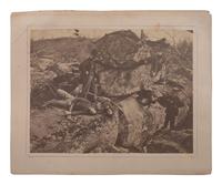 [CIVIL WAR]. A group of 3 albumen photographs, highlighted by views of possible casualties near Devil's Den, Gettysburg.