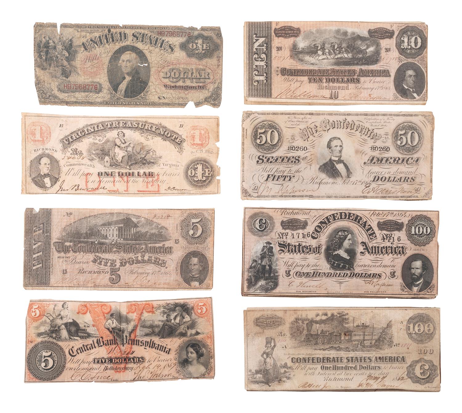 [CIVIL WAR]. A group of Confederate notes with other currency.