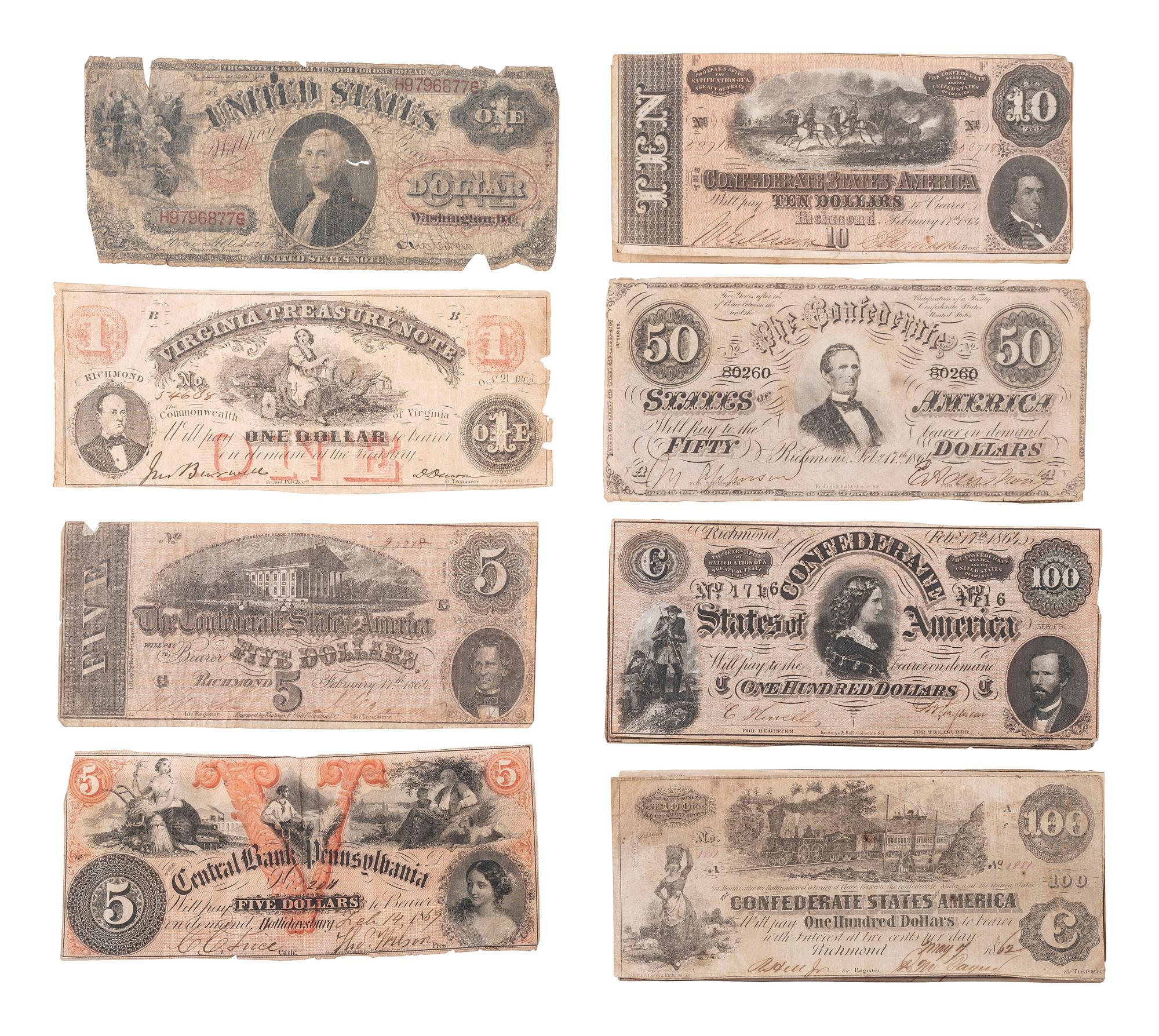 [CIVIL WAR]. A group of Confederate notes with other currency.