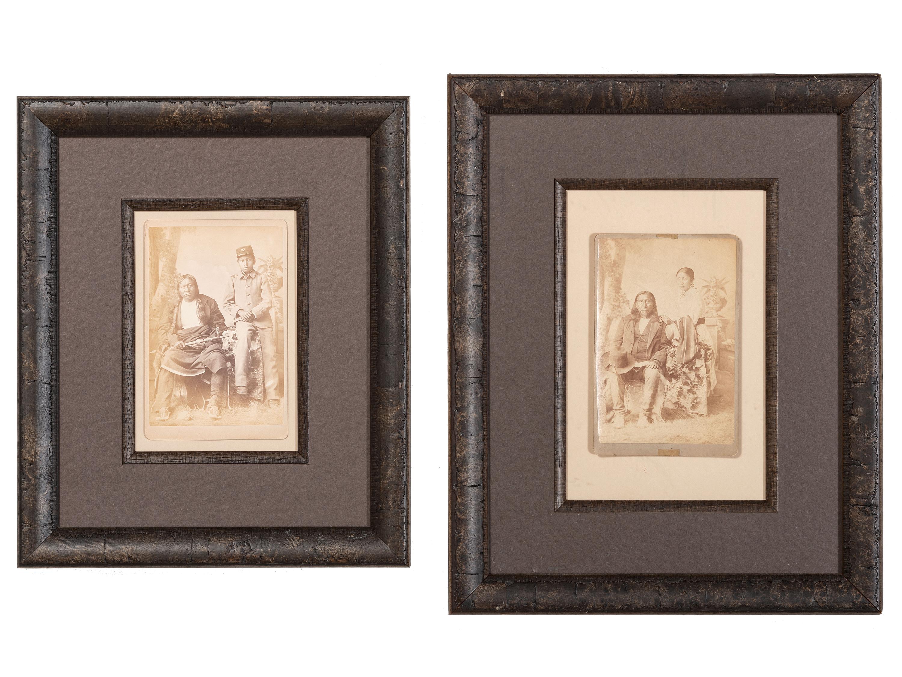[CHOATE, John N. (1848-1902), photographer]. Two cabinet cards featuring Arapaho Chief Little Raven with daughter Anna, and Cheyenne warrior Bobtail Horse with son Joseph. [Carlisle, PA], ca 1880.