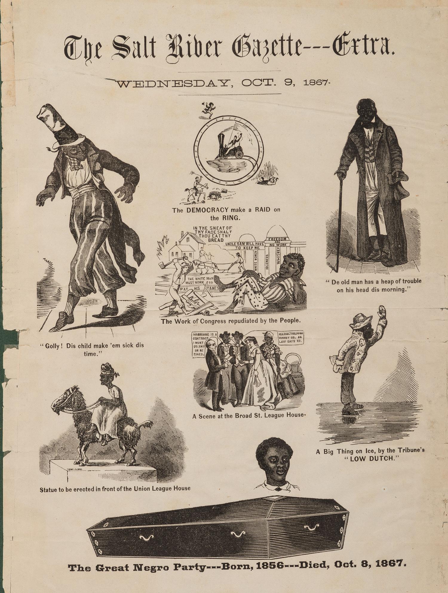 [RECONSTRUCTION]. A group of 2 illustrated broadsides, Salt River Telegraph Extra. [Philadelphia]: N.p., [1867].