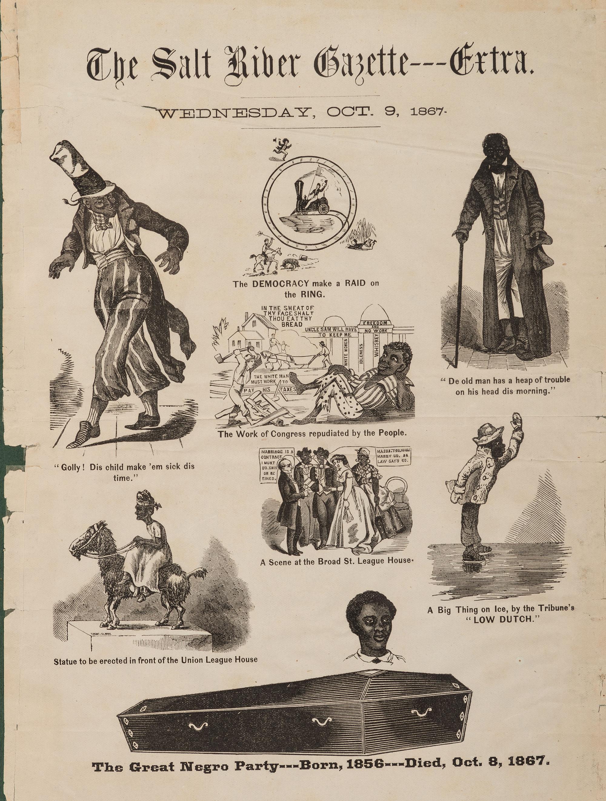 [RECONSTRUCTION]. A group of 2 illustrated broadsides, Salt River Telegraph Extra. [Philadelphia]: N.p., [1867].