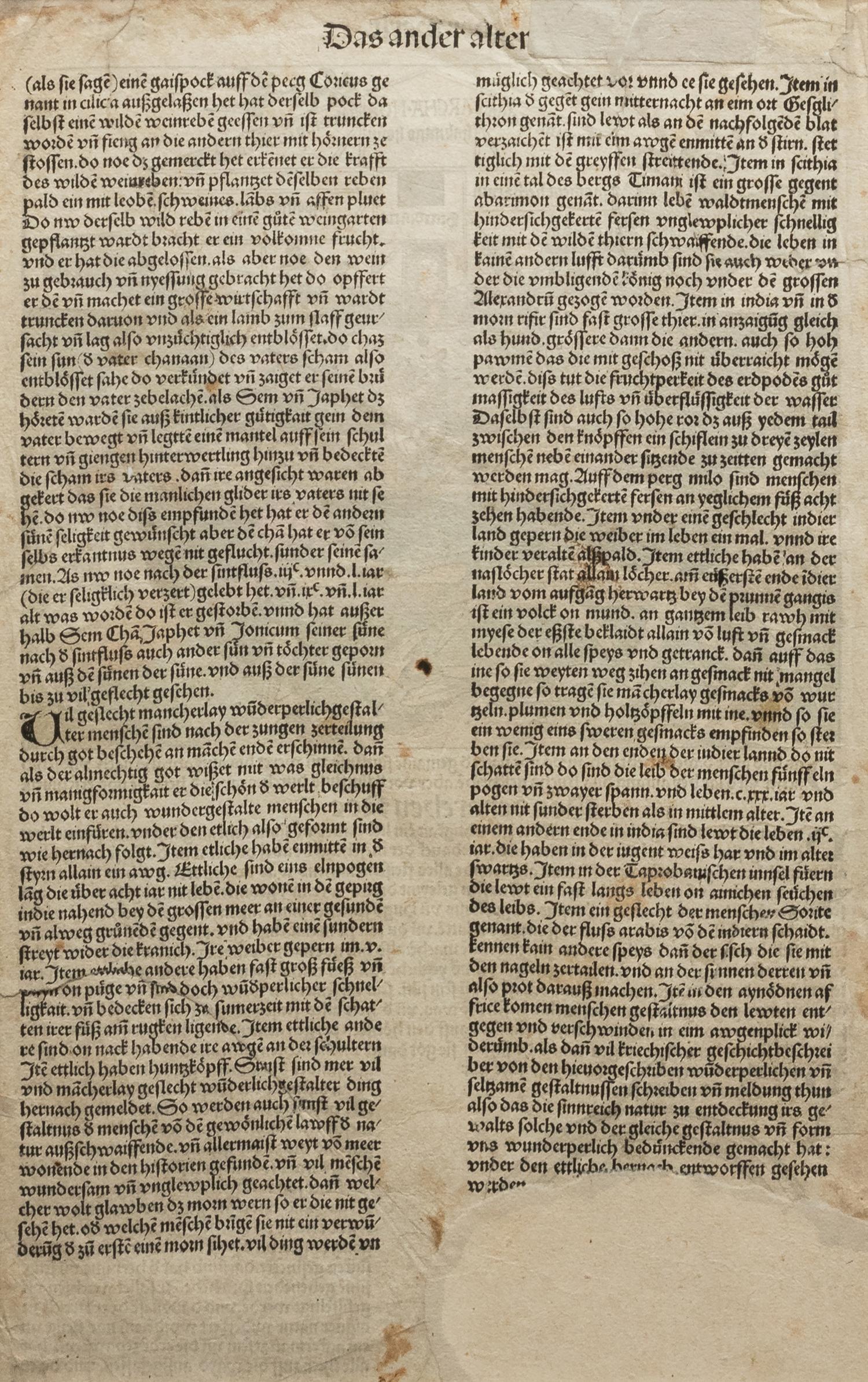 [LEAVES -- INCUNABULA] -- [SCHEDEL, Hartmann]. Two Incunabula leaves with hand-coloring from the Liber Chonicarum , or Nuremberg Chronicle . [Nuremberg, 1493].